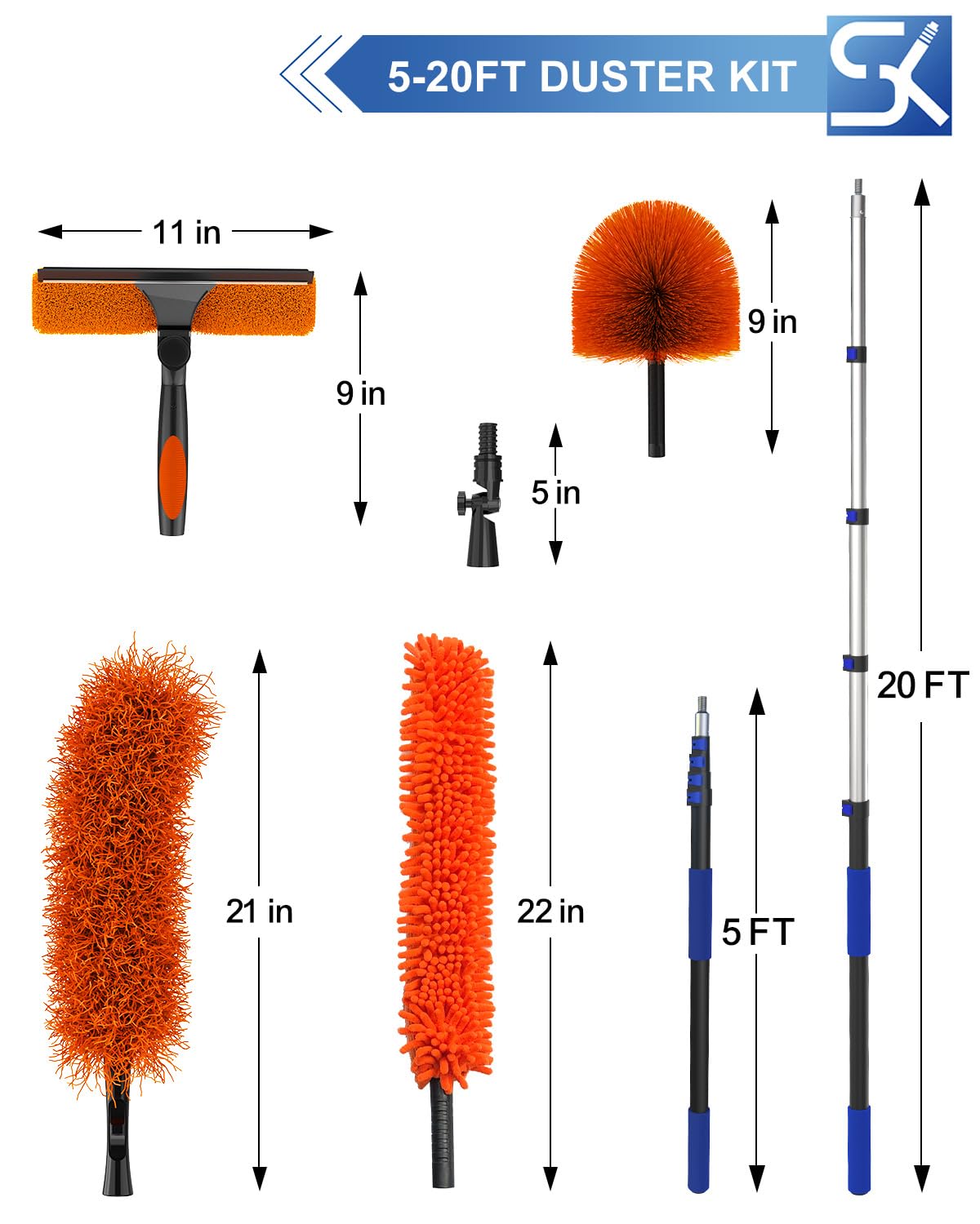 Kit de plumero de alto alcance de 26 pies con poste de extensión telescópico de 5 a 19 pies, plumero de techo alto, plumero de telaraña, escobilla de ventana, plumero de plumero, kit de