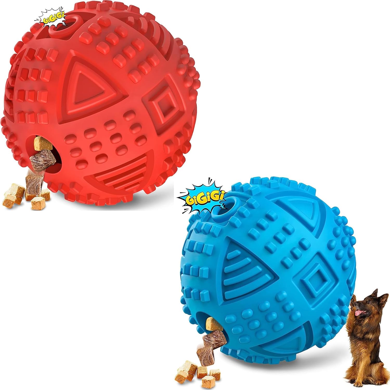 LEGEND SANDY Blue and Red Dog Balls Treat Dispensing Dog Toys for Aggressive Chewers Large Breed, Nearly Indestructible Squeaky Dog Chew Toys for Large Dogs, Natural Rubber Dog Puzzle Toys