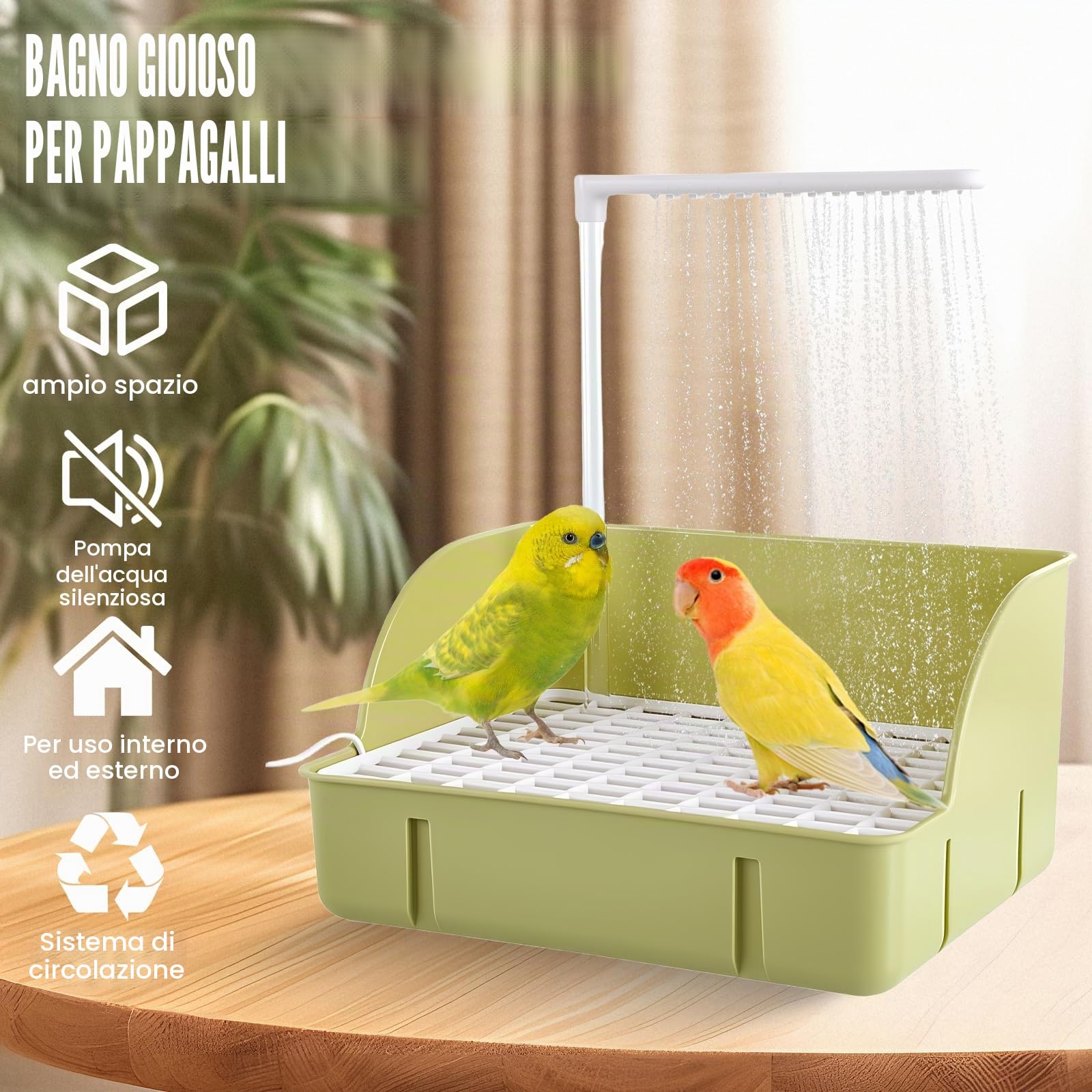 Casa da Bagno per Uccelli, Vasca Automatica con Pompa, Abbeveratoio per Uccelli con Doccia per Pappagalli, Psittacini, Uccelli (Verde, L)