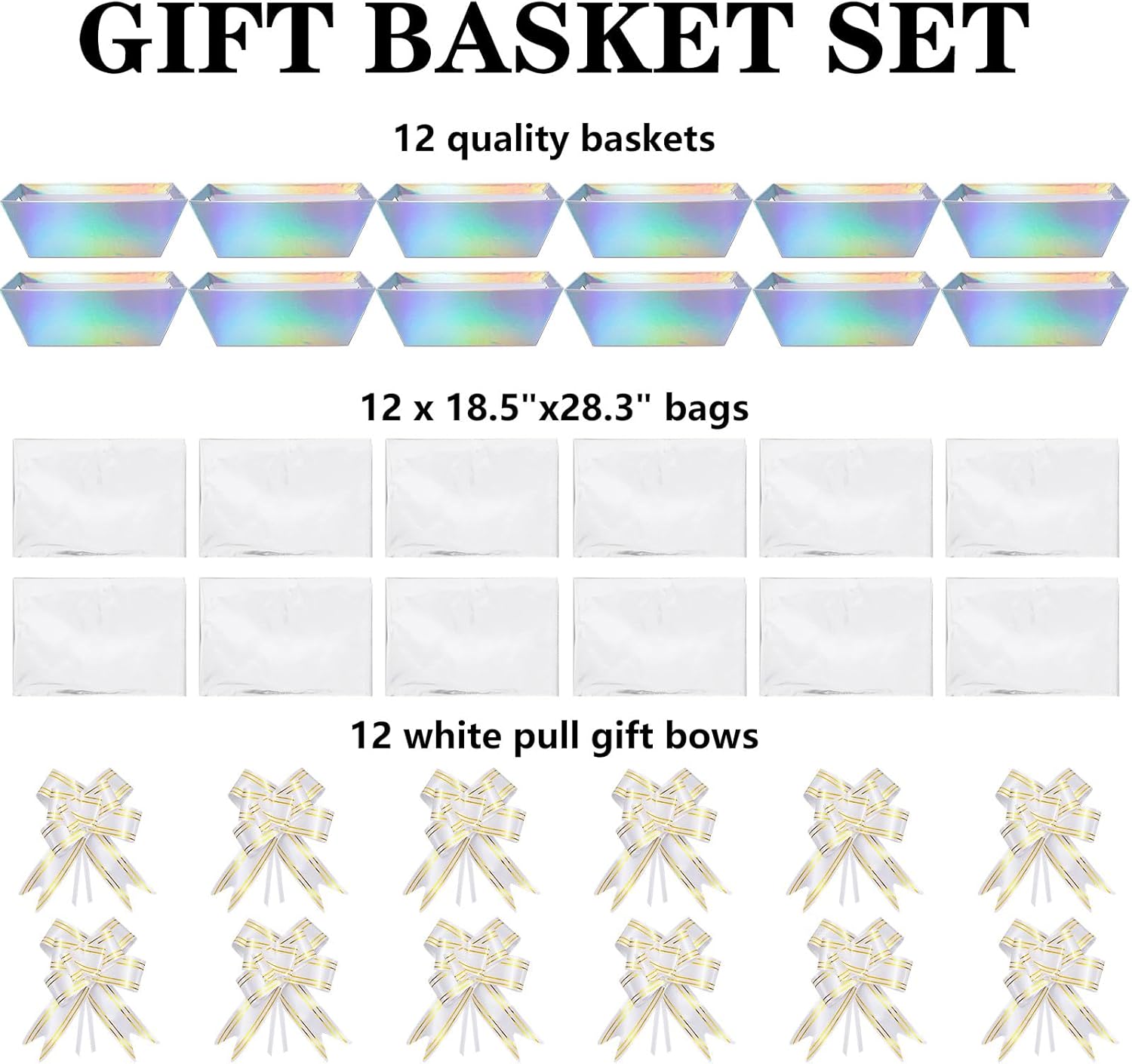 JarThenaAMCS 12Pcs Holographic Basket for Gifts Empty with Clear Cellophane Bag & Ribbon Bow Kraft Paper Gift Wrapping Basket for Housewarming Party Favor Supplies, 9.8 x 6.6 Inch