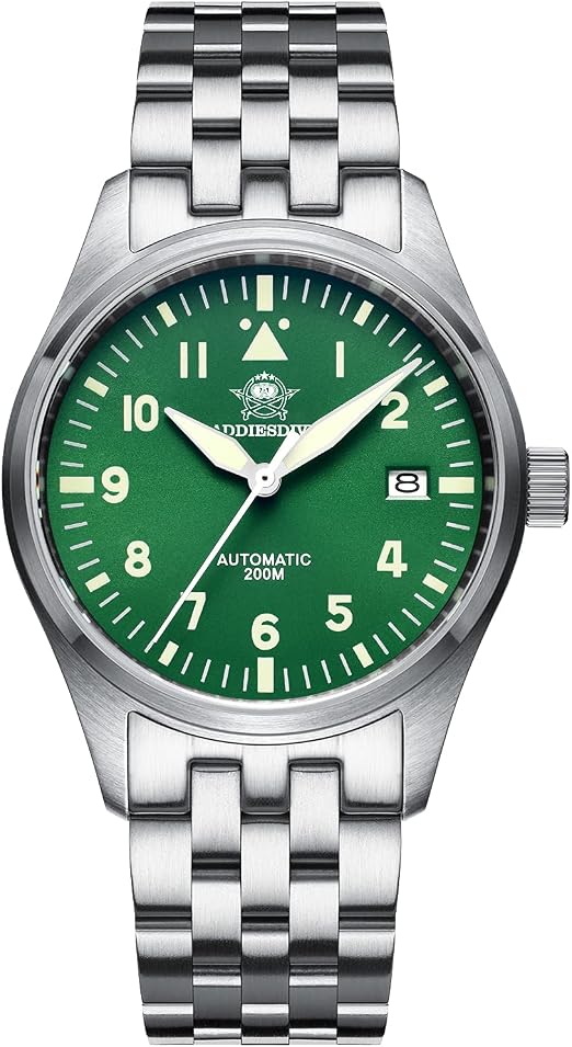 Amazon.com: ADDIESDIVE Pilot Watch for Men Automatic Steel Green Dial  Luminescent NH35A Movement Diver 200M : Clothing, Shoes \u0026 Jewelry