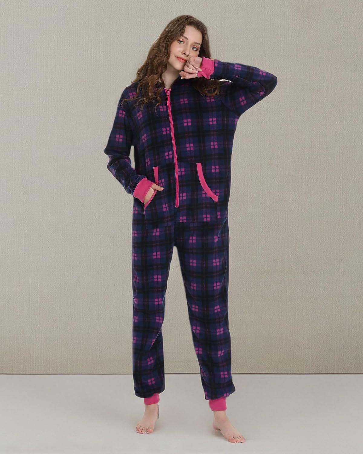 Unisex Check Onesie Christmas Zip Up Matching Onesie Hooded Pajamas One Piece Non-Footed Jumpsuit Adult Teenager - Image 8