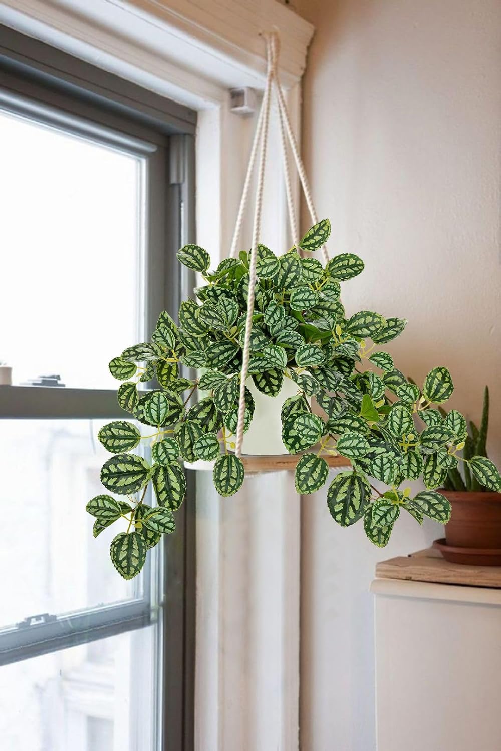 GnFlus Fake Hanging Plants in Ceramic Pot with Wooden Stands,Artificial Ivy Leaves Plant Faux Greenery Vine Plants for Home Bedroom Office Table Shef Desk Indoor Outdoor Decor Green