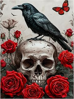 Rose Skull Diamond Art Kits for Adults, Raven Diamond Painting Kits for Adults Beginners, DIY Full Round Drill Crow Gem Art and Crafts for Home Decor 12x16in