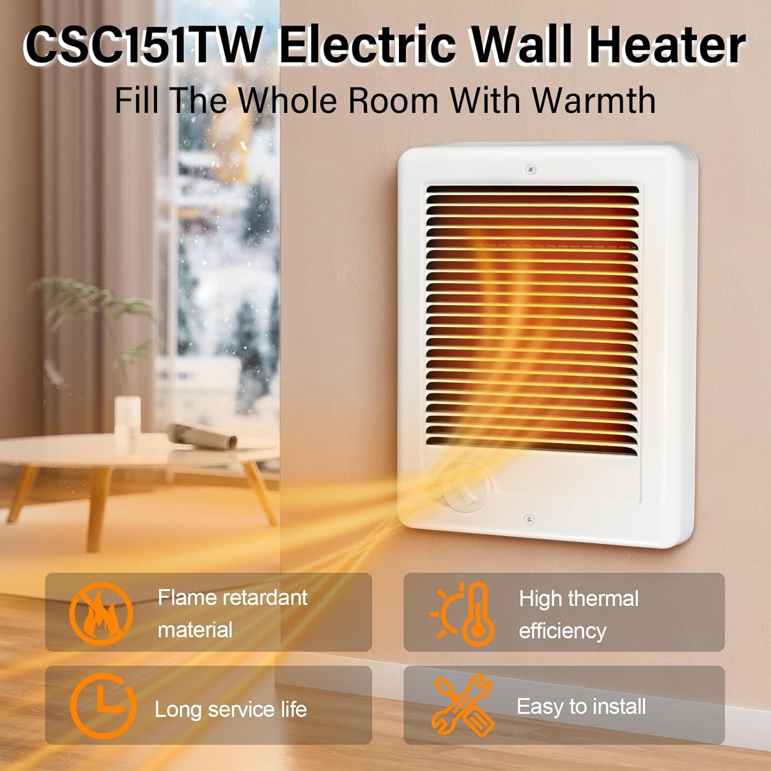 CSC151TW Electric Wall Heater Complete Unit With Thermostat, 120 Volt 1500 Watt, High Efficiency Centrifugal Fan For Fast And Quiet Heating
