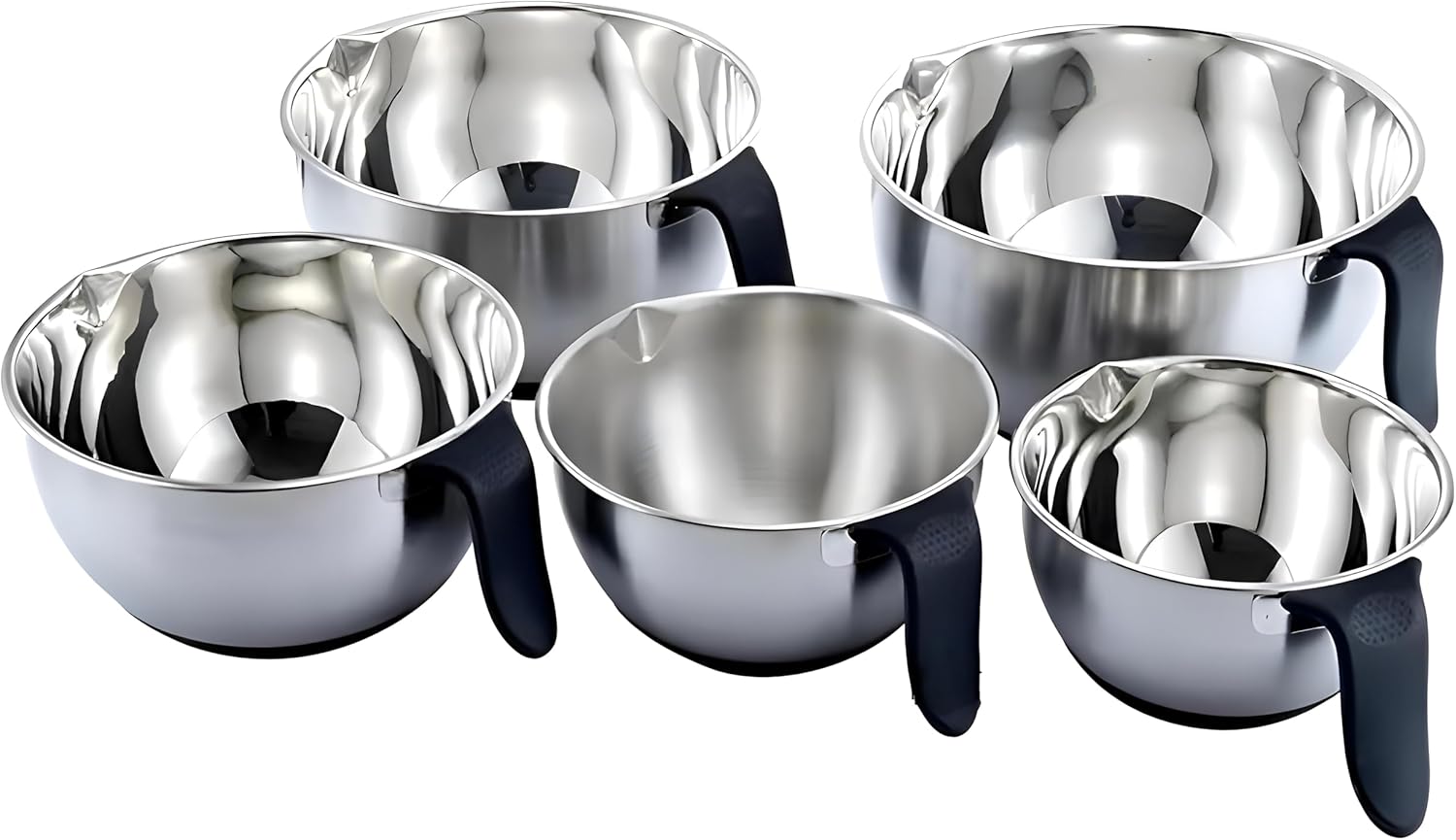 اوعية خلط من الستانلس ستيل من 5 قطع مع قواعد سيليكون وفوهة صب ومقابض