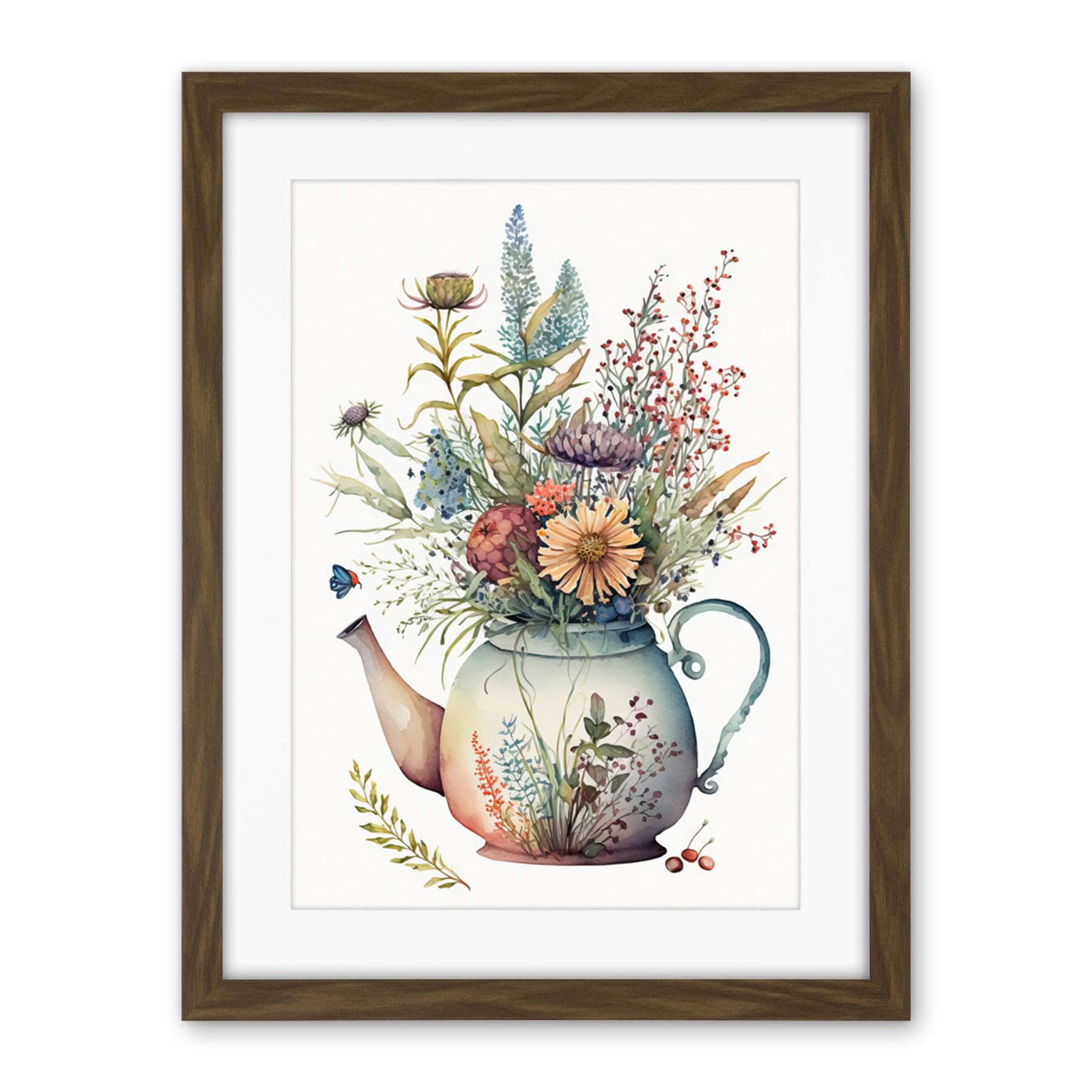 Artery8 Wildflower Floral Bouquet in China Pattern Teapot Artwork Framed Wall Art Print 18X24 Inch