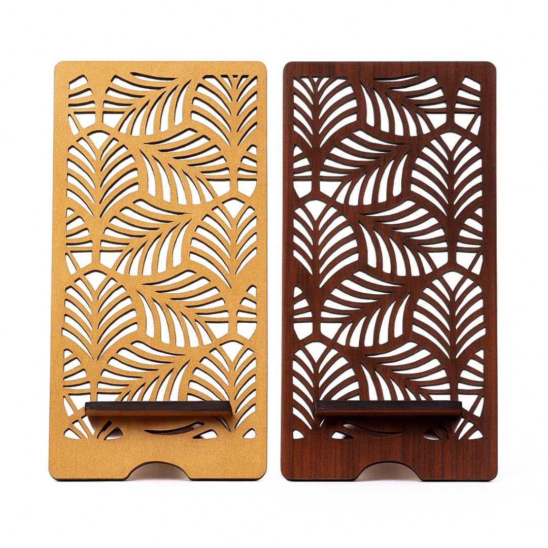 Wooden Phone Stand, Laser Cut MDF Mobile Holder with Decorative Leaf Design, Tabletop Desk Mount for Home and Office, 2 Pack (Teak & Royal Brown)-image-41