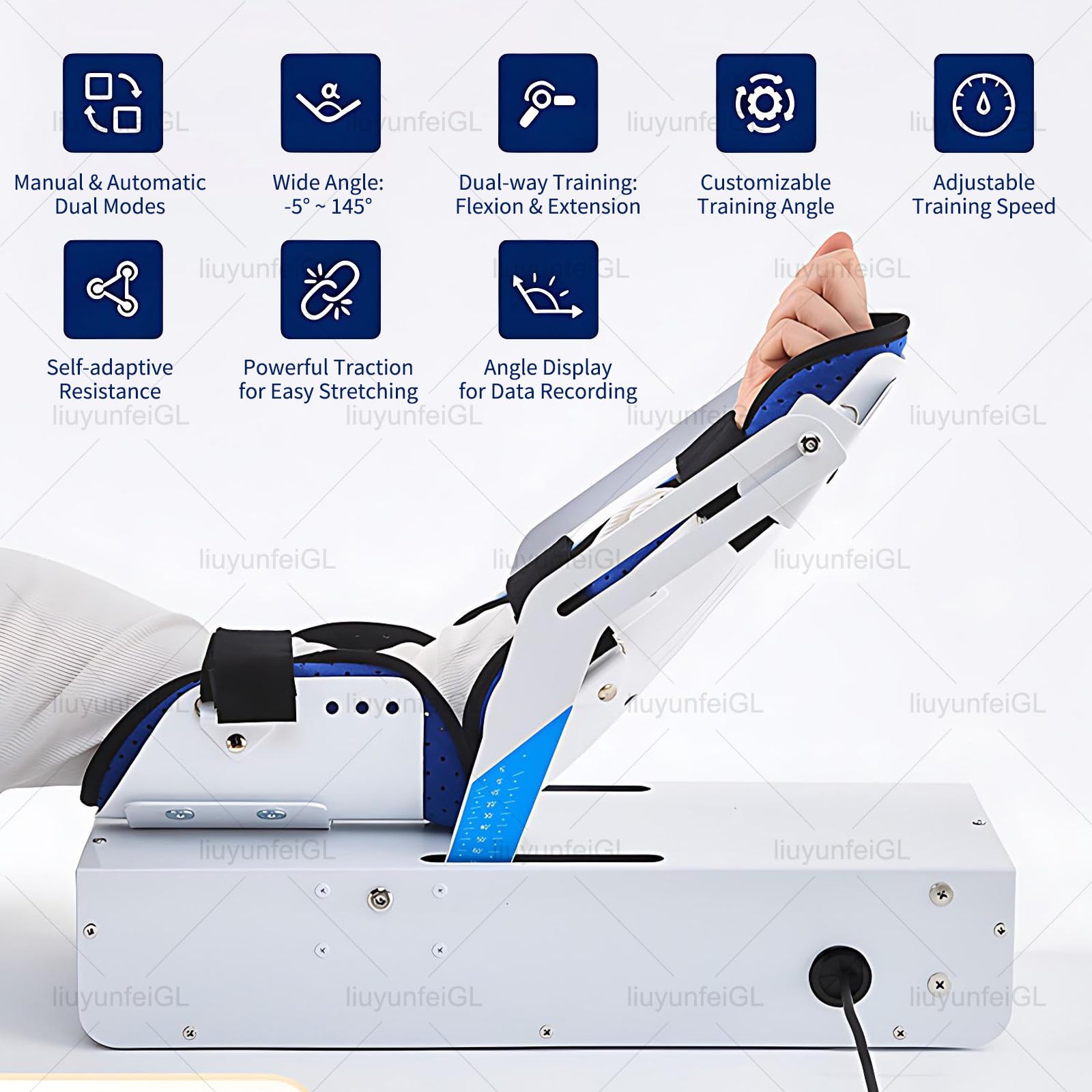 Ejercitador de Brazo con Soporte para el Codo, Modos Manual y automático, riel Deslizante para el antebrazo, indicador de ángulo para la recuperación de la rigidez del Codo.