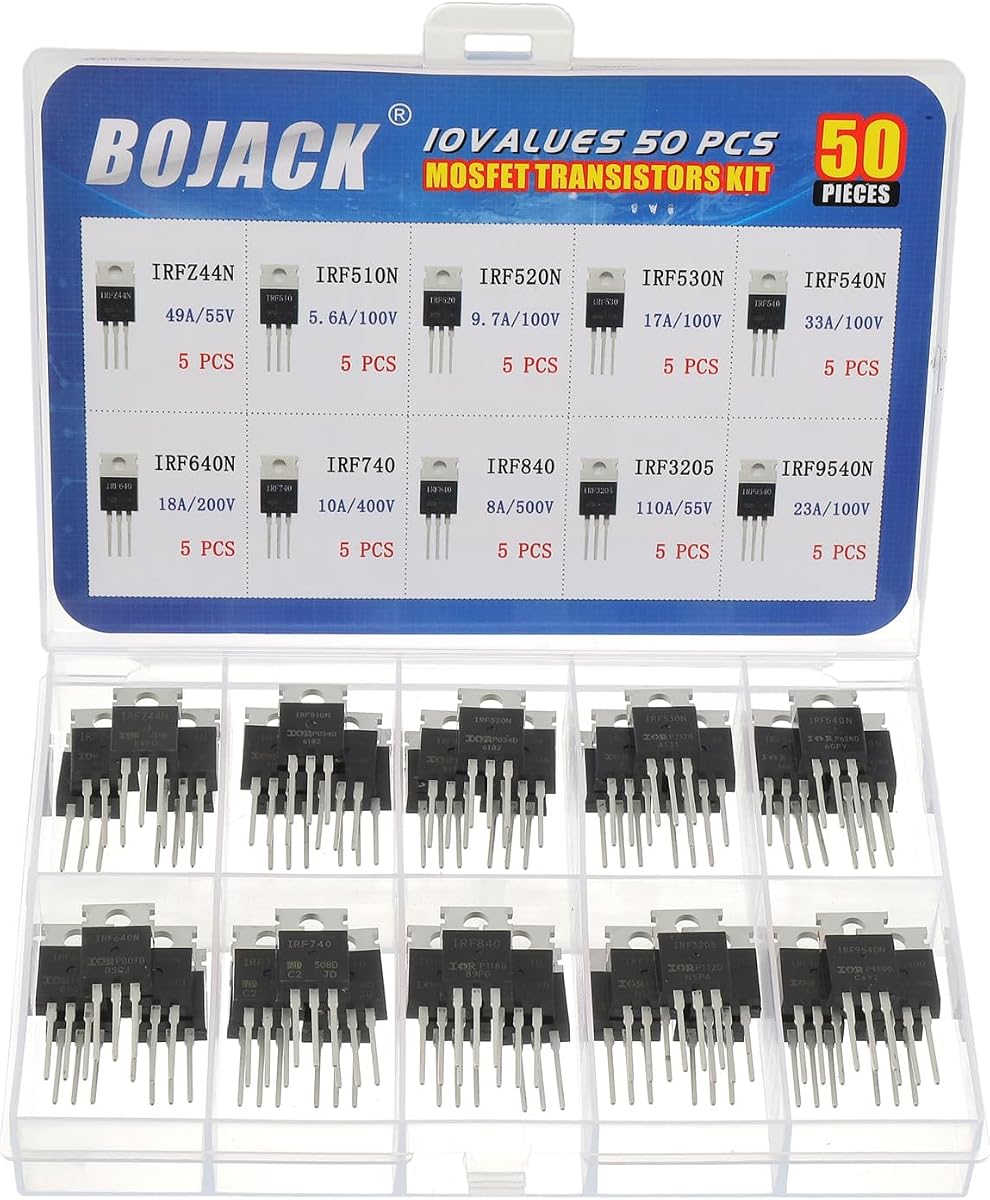 BOJACK 10 Values 50 Pcs IRFZ44N IRF510N IRF530N IRF540N IRF640N IRF740 IRF840 IRF3205 IRF9540 IRF Series transistors MOSFET Assortment Kit