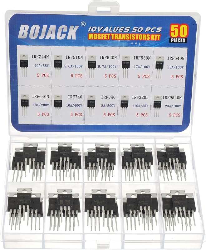 BOJACK 10 Values 50 Pcs IRFZ44N IRF510N IRF530N IRF540N IRF640N IRF740 IRF840 IRF3205 IRF9540 IRF Series transistors MOSFET Assortment Kit