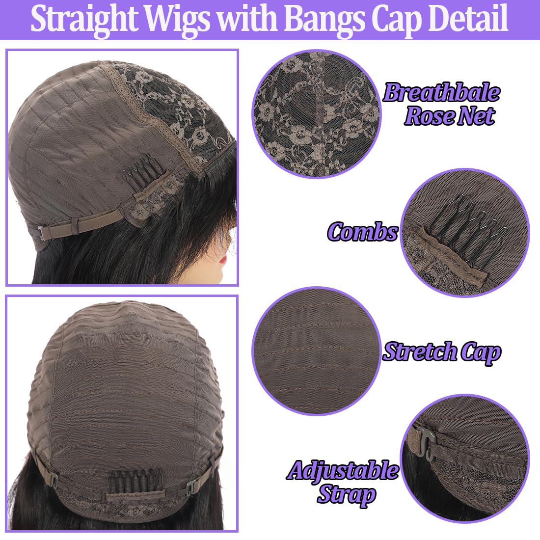 Amella Hair Straight Human Hair Wigs with Bangs for Black Women 150% Density Brazilian Straight None Lace Front Wgis with Bangs Glueless Machine Made Wigs Natural Black Color(28inch, Straight Wigs)