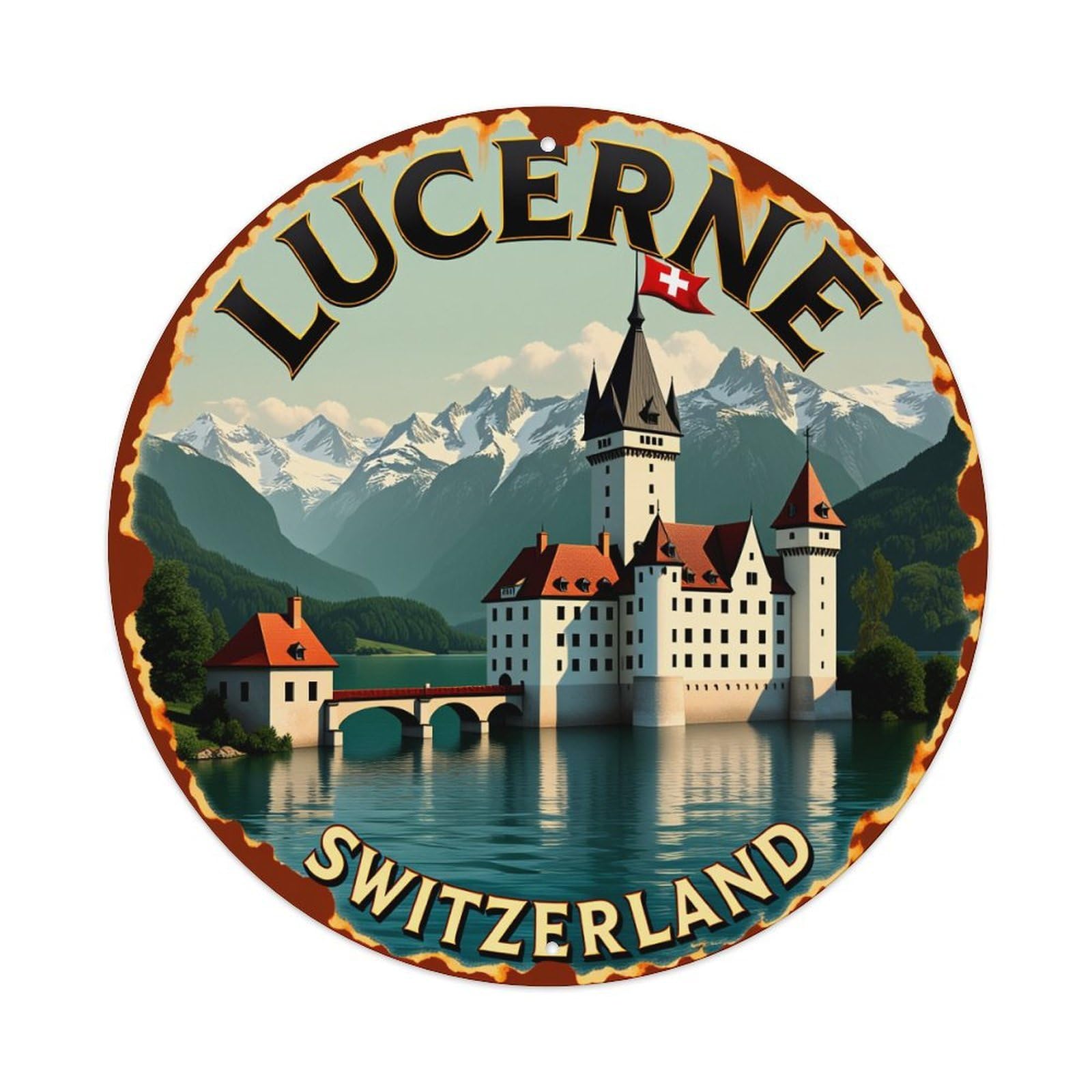 Wmlzdnwr Vintage Lucerne Castle Lake Mountains Swiss Flag Switzerland Round Tin Sign,Retro Wall Art,Metal Poster For Home, Bar, Garage, Cafe, Rustic Indoor & Outdoor Decor, 8X8 Inches