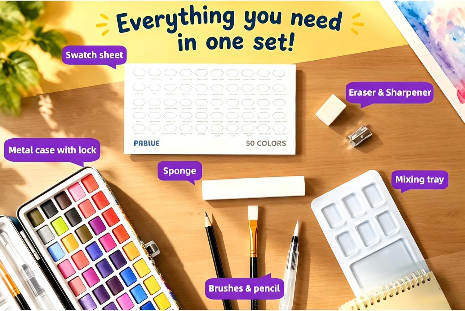 PABLUE Watercolor Paint Set 100 Colors, Detail Paint Brush Included, Portable Carrying Case, Palette and Accessories, Art and Travel Drawing Painting Supplies, for Beginners and Professionals