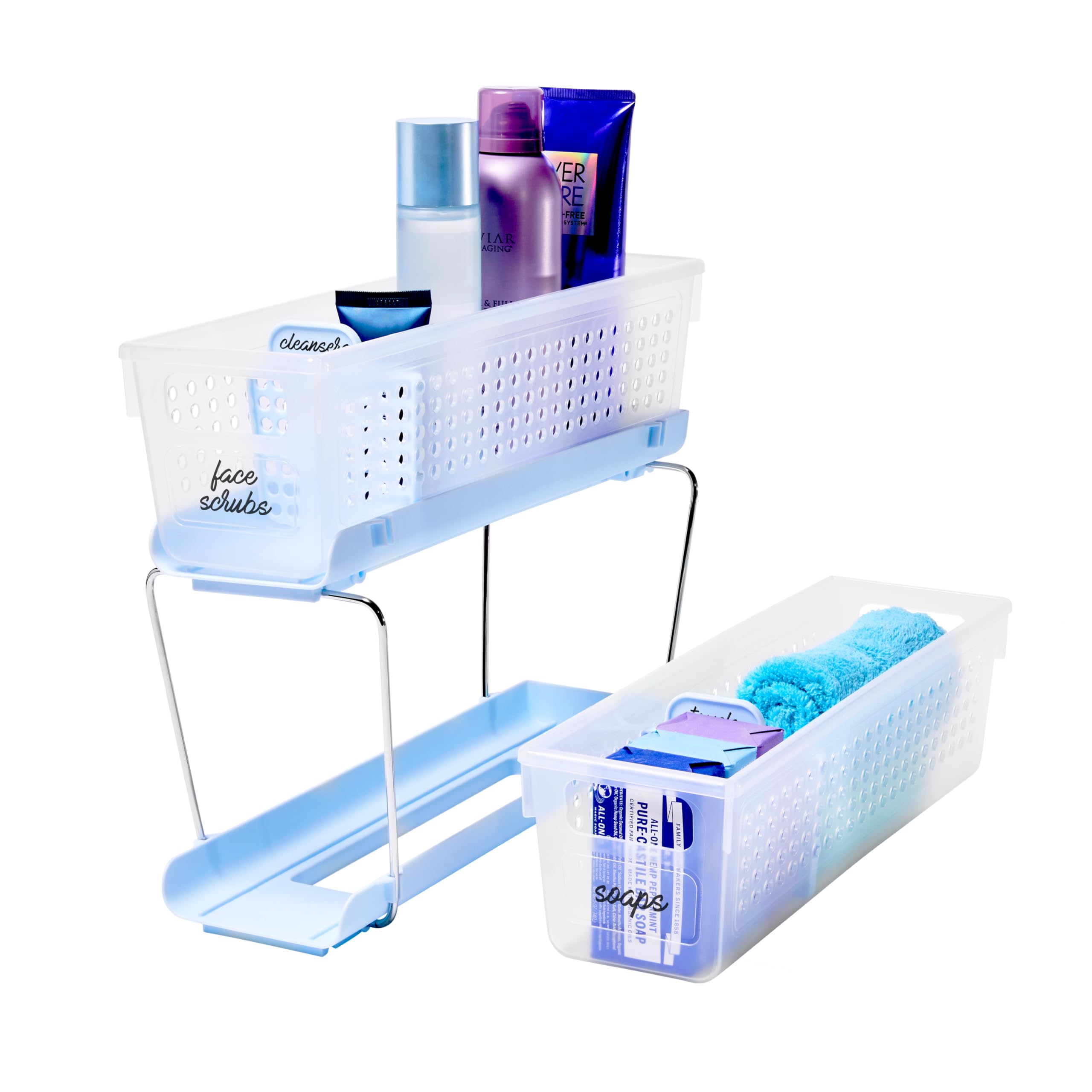 madesmart Mini Organizador Multiusos de plástico de 2 Niveles con contenedores de Almacenamiento deslizantes divididos, Estante Organizador Compacto Debajo del Fregadero y gabinete, Escarcha