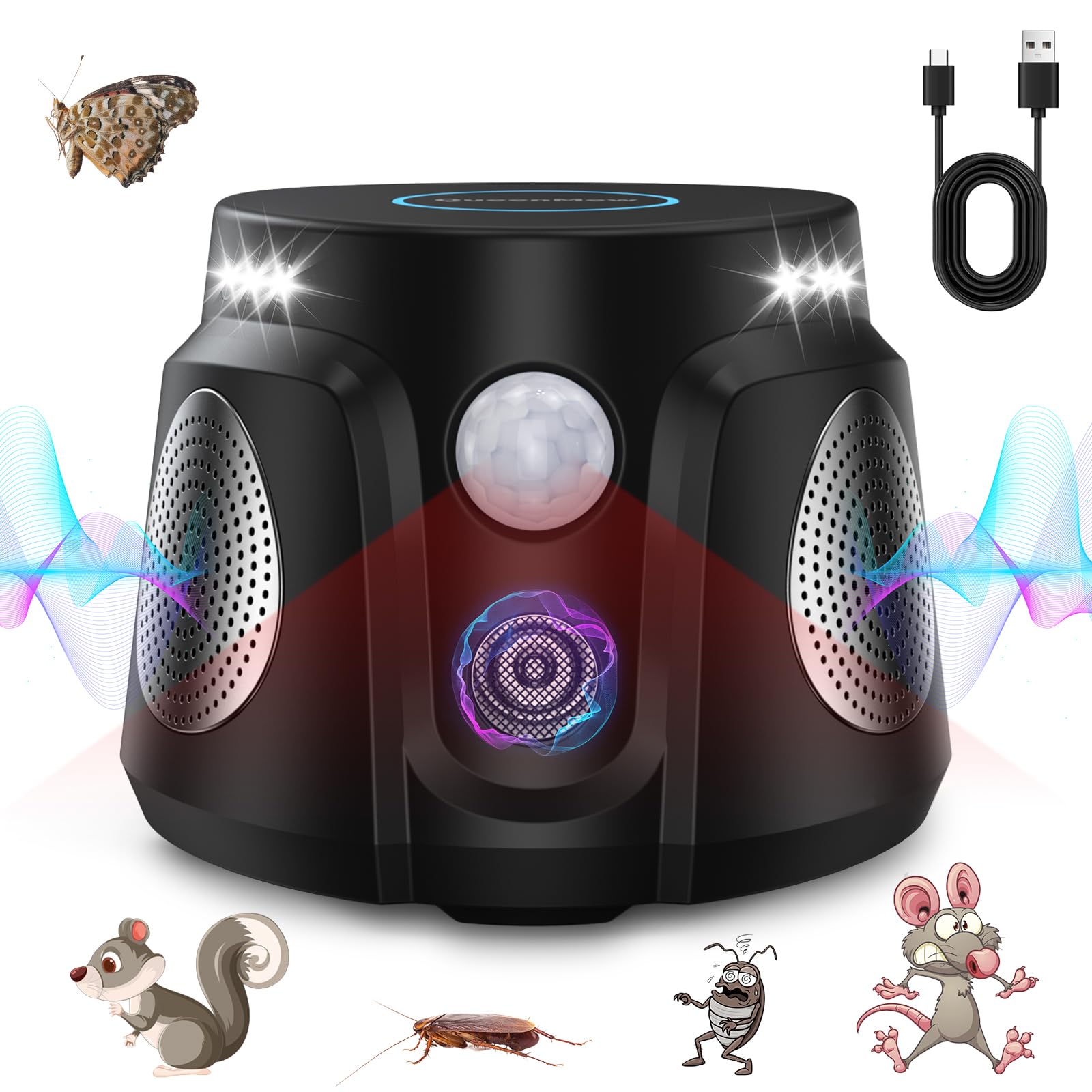 Répulsif Ultrason Souris & Rats 360° - Avec LED - Couverture 300 M² - Silencieux Pour Maison, Bureau, Cuisine