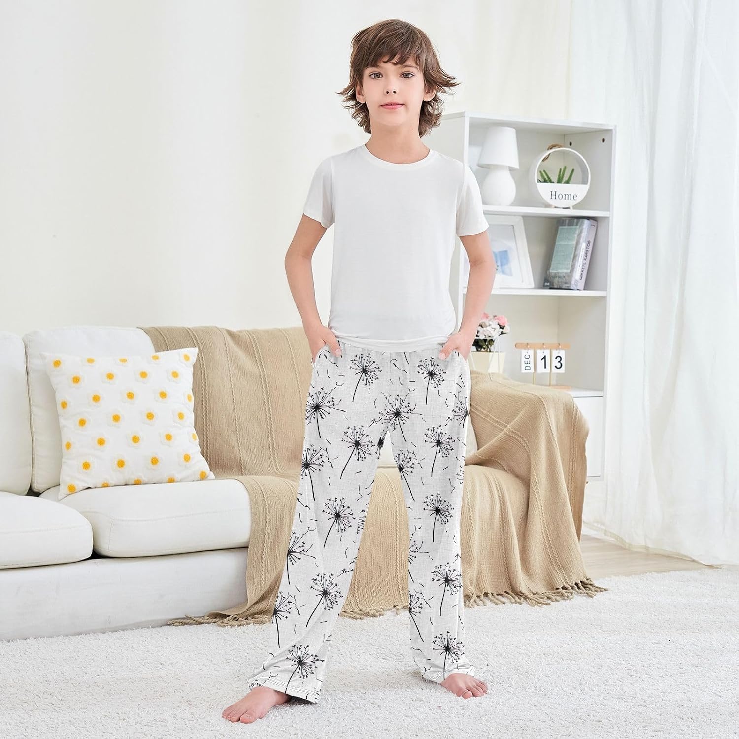 Black Dandelion Pajama Pants, Soft Modal Lounge Sleepwear with Elastic Waist and Pockets