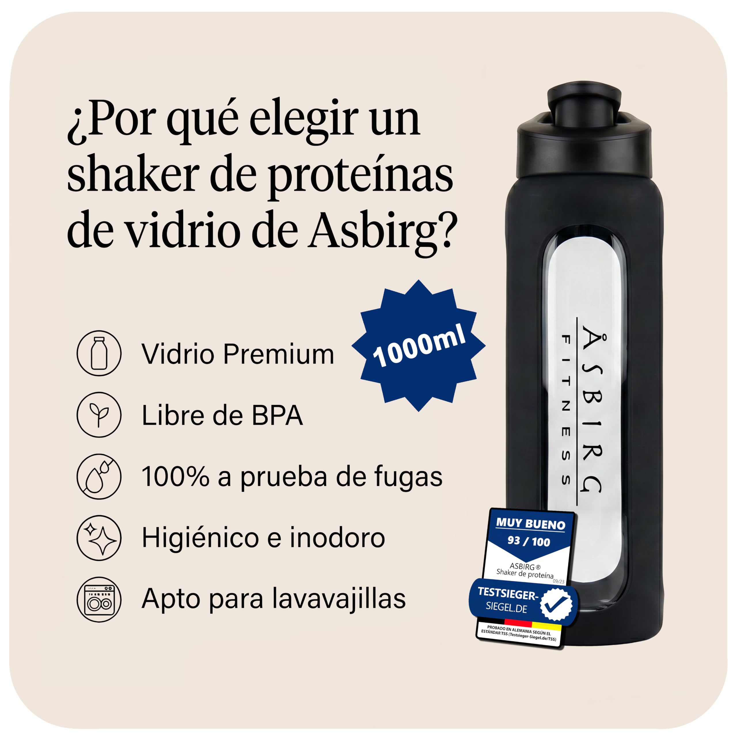 Coctelera de cristal de 1000 ml, sin BPA, a prueba de fugas y resistente, con bola mixta de vidrio de borosilicato, botella para fitness y deportes, color negro