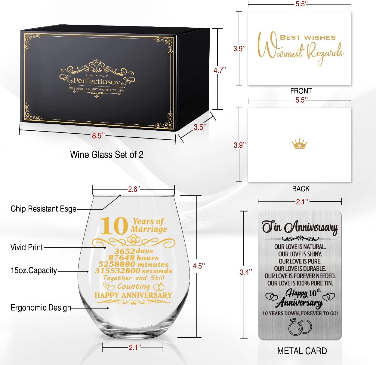 Perfectinsoy 10 Years of Marriage Wine Glasses Set of 2 with Metallic Memorial Card, 10th Birthday Wedding Gifts for Mom, Dad, Wife, Soulmate, Couple, Funny 10 Years Milestone Gift, Wedding Gift - Image 2