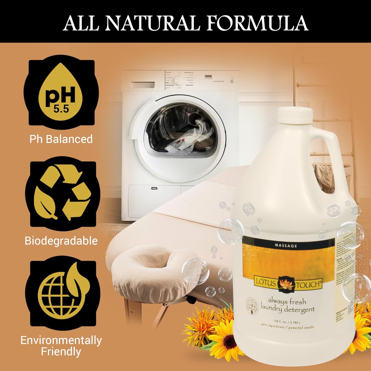 Lotus Touch Always Fresh Laundry Detergent For Massage Table Sheets and Spa Linens Professional Grade - 1 Gallon - Spring Fresh Scent - Removes Tough Stains Left by Massage Oil, Lotion and Cream