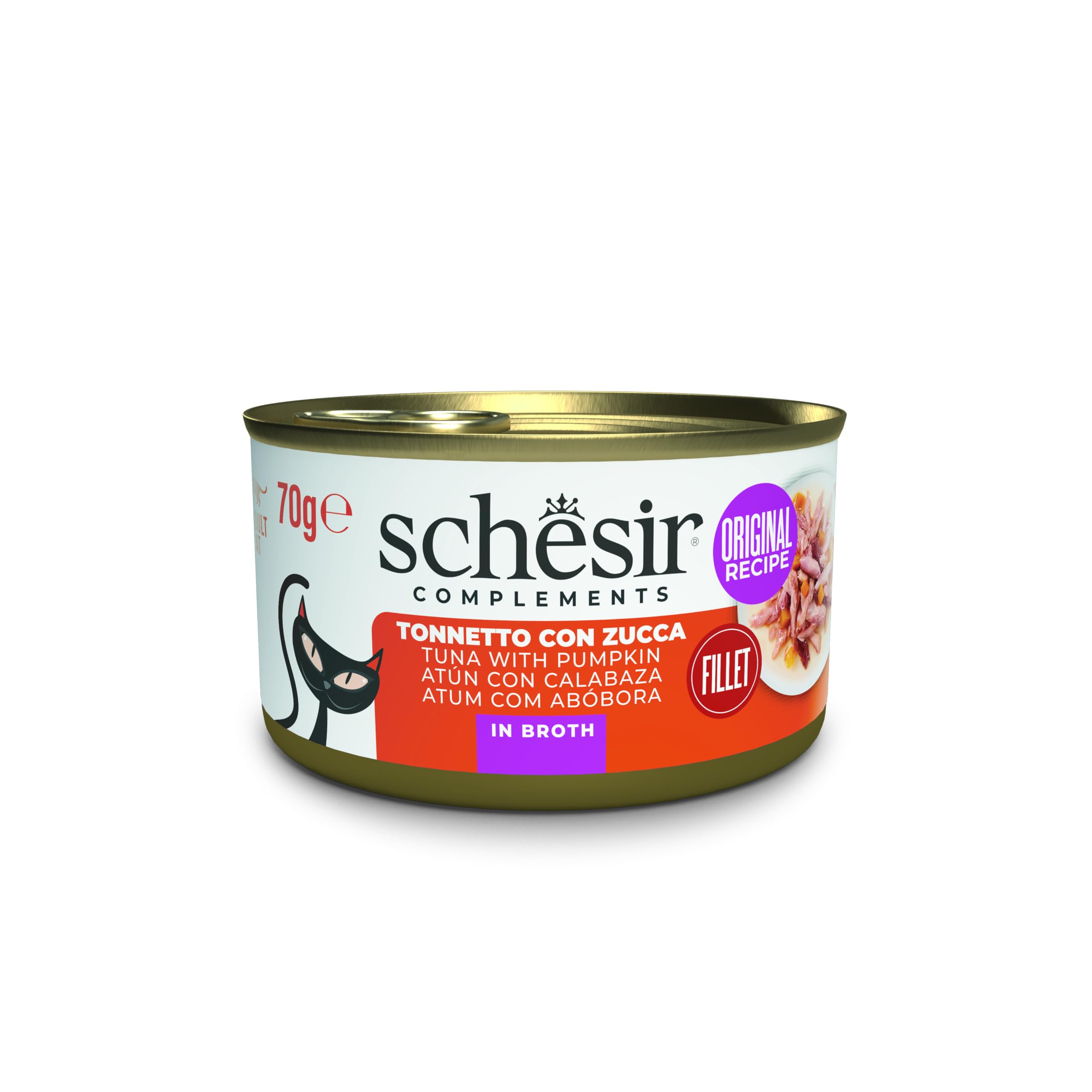 Schesir, Thunfisch mit Kürbis in Brühe, ergänzendes Nassfutter für Katzen, Originalrezept, 100% natürlich, 12 Dosen à 70 g