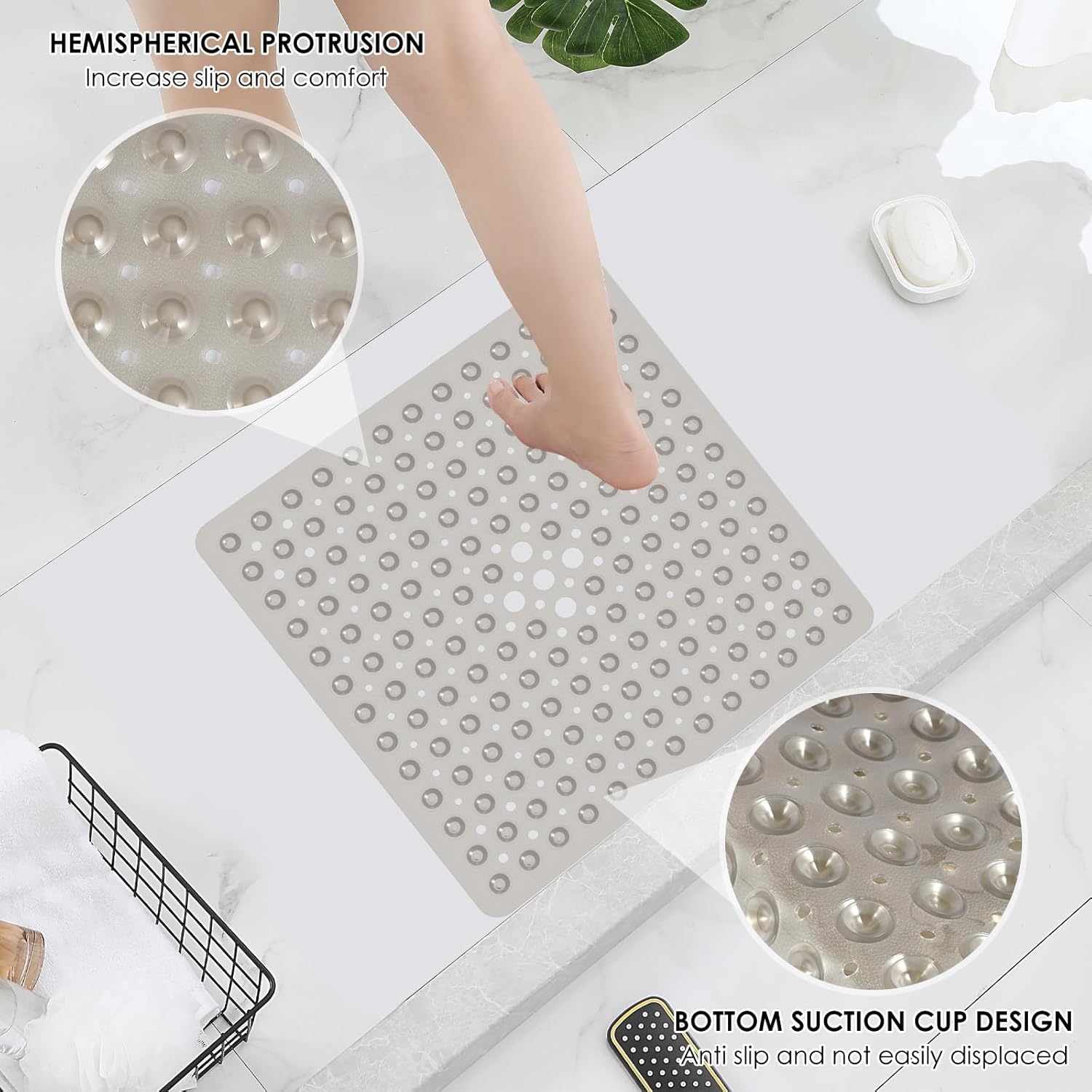 Bath Tub and Shower Mats Non Slip Easy to Clean Square Shower Bathtub Mat Comfortable Shower Stall Floor Mat Bathtub Mat with Drain Holes for Bathroom US(2,Transparent gray)