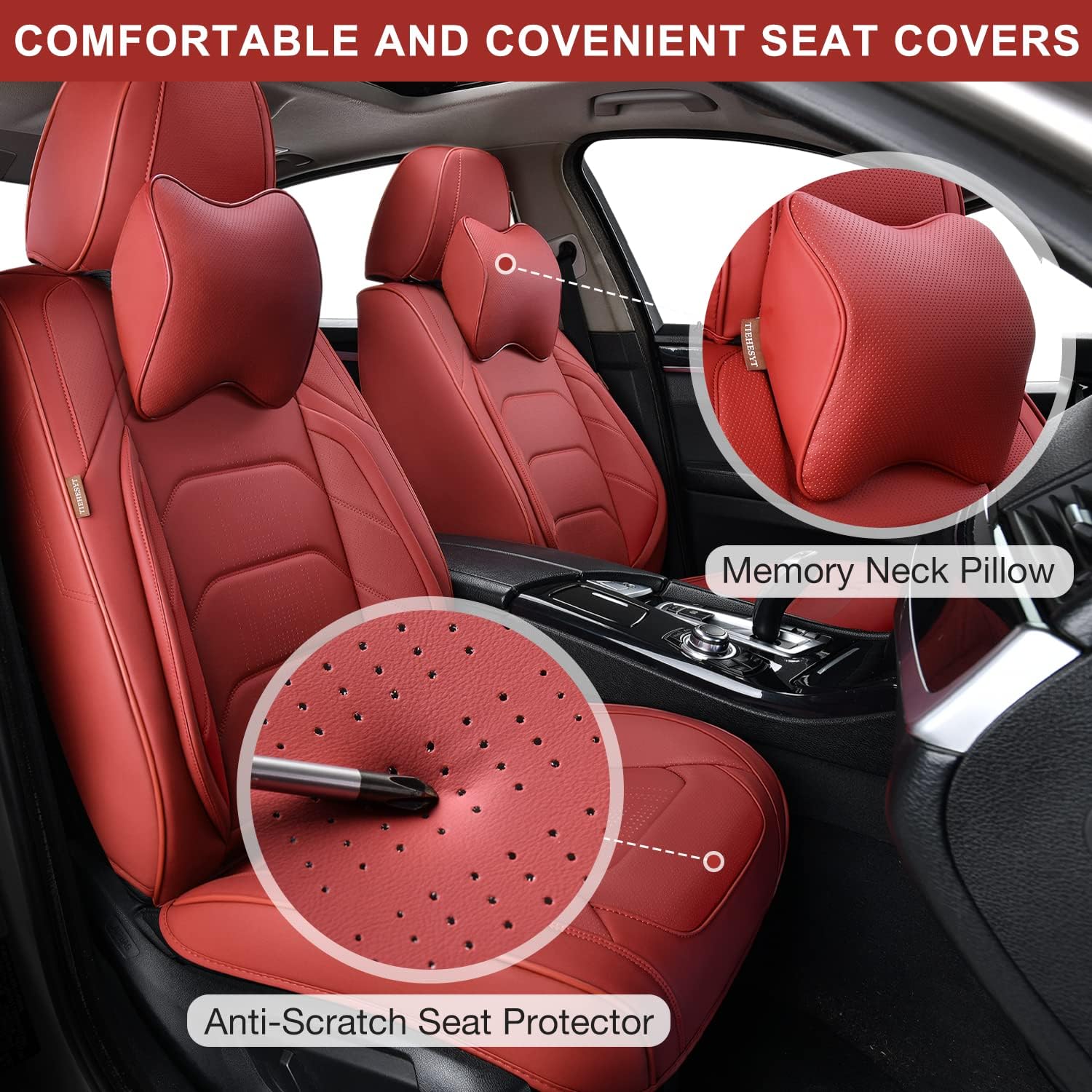 TIEHESYT Martha Red Car Seat Covers Full Set, Breathable Leather Automotive Front and Rear Seat Covers & Headrest for Comfortable Driving, Universal Auto Interior Fit for Most Kinds of Vehicles, Cars