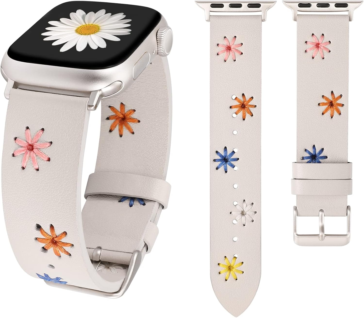 Wearlizer Floral Band Compatible with Apple Watch Bands Women 41/40/38/45/44/42/46/49mm(Ultra) Cute Fancy Handmade Daisy Stitched Leather Designer Strap for iWatch Series 11/10/9/8/SE/7/6/5/4/3/2/1