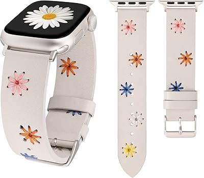 Wearlizer Daisy Leather Band Compatible with Apple Watch Band Women 41mm 40mm 38mm, Original Feminine Boho Soft Leather Strap with Cute Color Floral Stitching for iWatch Series 8/SE/7/6/5/4/3/2/1