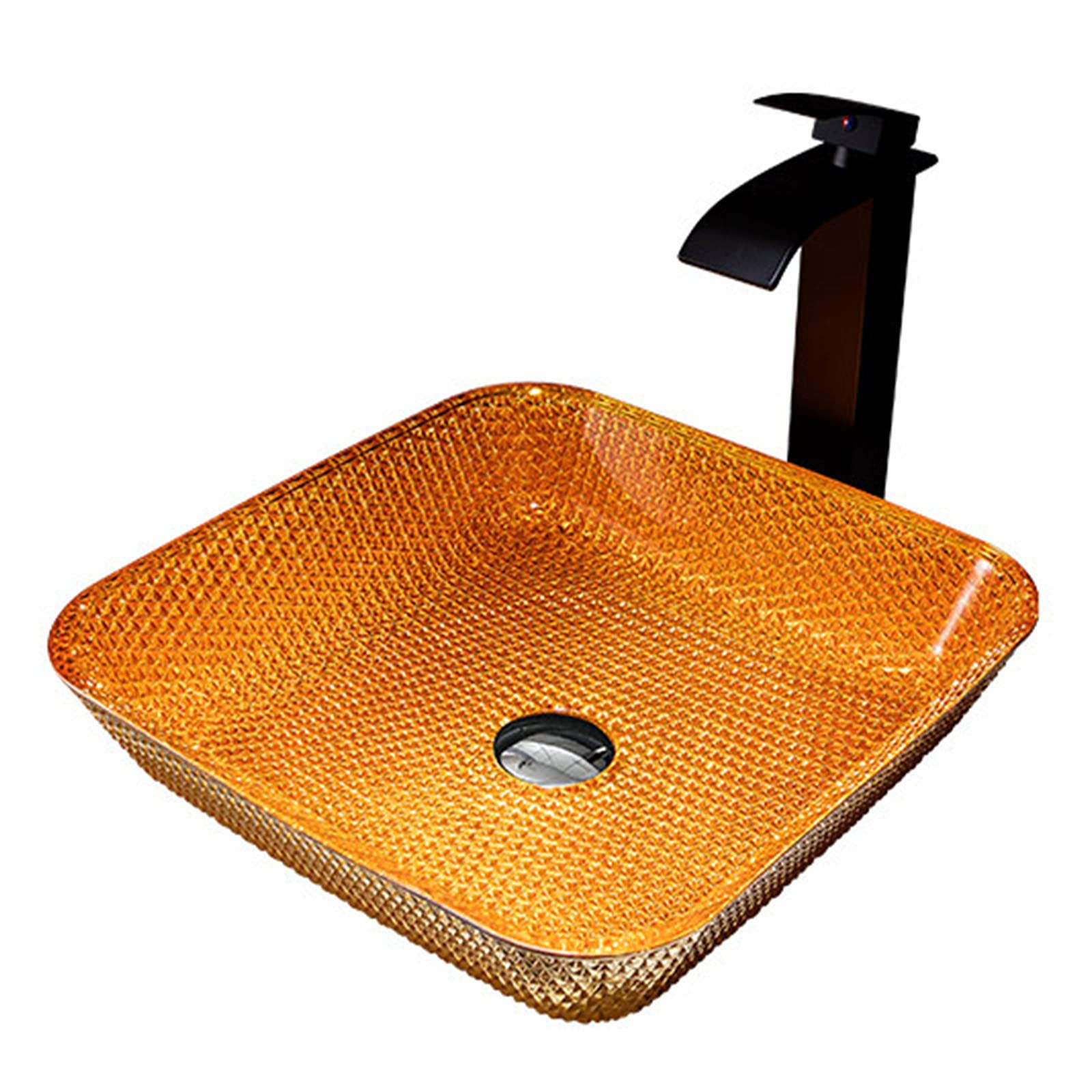 Vasque de salle de bain carrée orange en verre trempé avec bonde