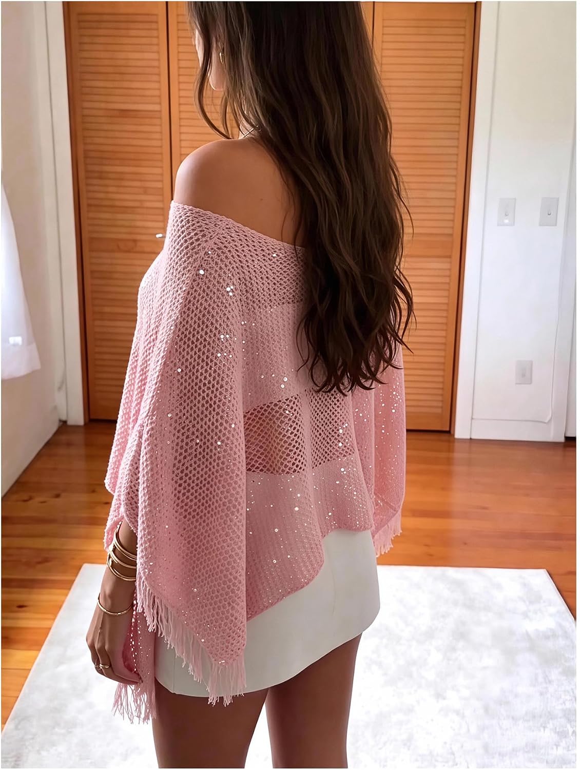 Milumia Women's Sequin Knit Poncho Shawl Top Hollow Out Fringe Bathing Suit Cover Up Tops image 3