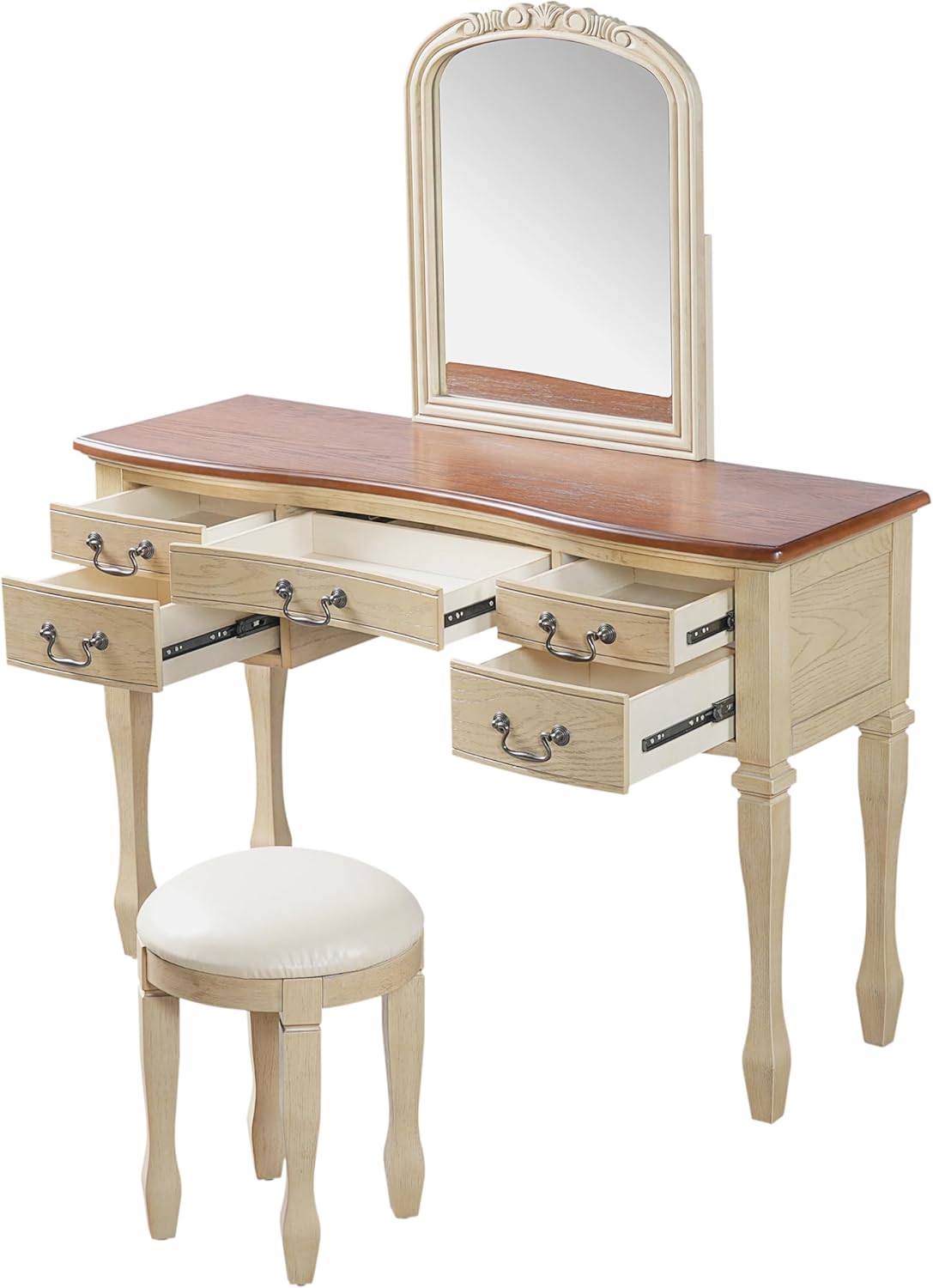 Vintage Makeup Vanity Set with Cushioned Stool, Dressing Table with Curved Flower Frame Mirror and 5 Drawers for Bedroom (Brown + Antique White)