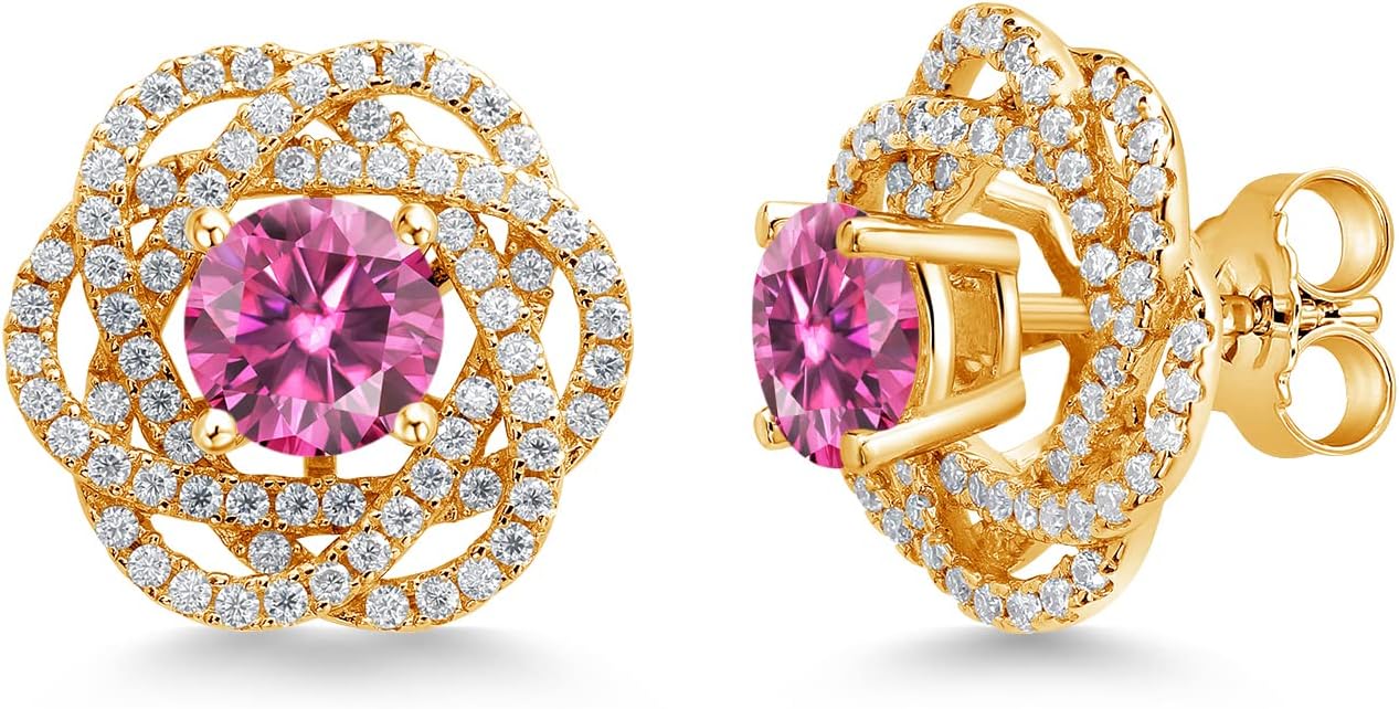 Gem Stone King 18K Yellow Gold Plated Silver Customized and Personalized Round Gemstone Birthstone and White Moissanite Stud Earrings For Women with Removable Jackets