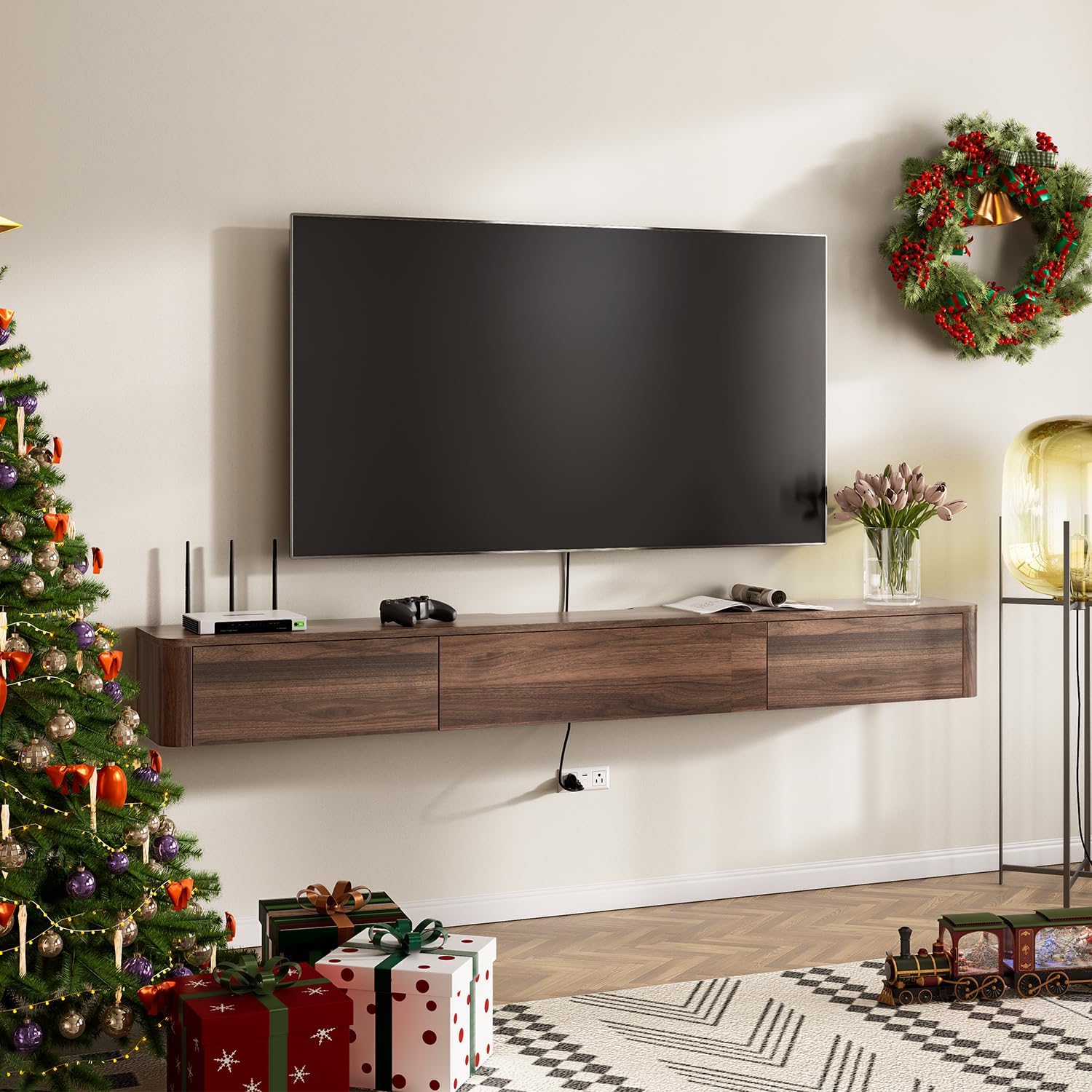 FurniNova Fully Assembled Floating TV Stand with Drawers High-Gloss, Wall Mounted TV Shelf, Floating Entertainment Center with Storage Under TV Cabinet for Living Room Bedroom,55 in Walnut