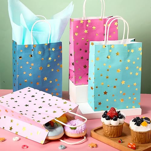 Miniatura 4 de Pajean Bolsas de regalo de fiesta con temática de estrellas con asa, mini bolsas de regalo de papel kraft con pañuelos, suministros de fiesta