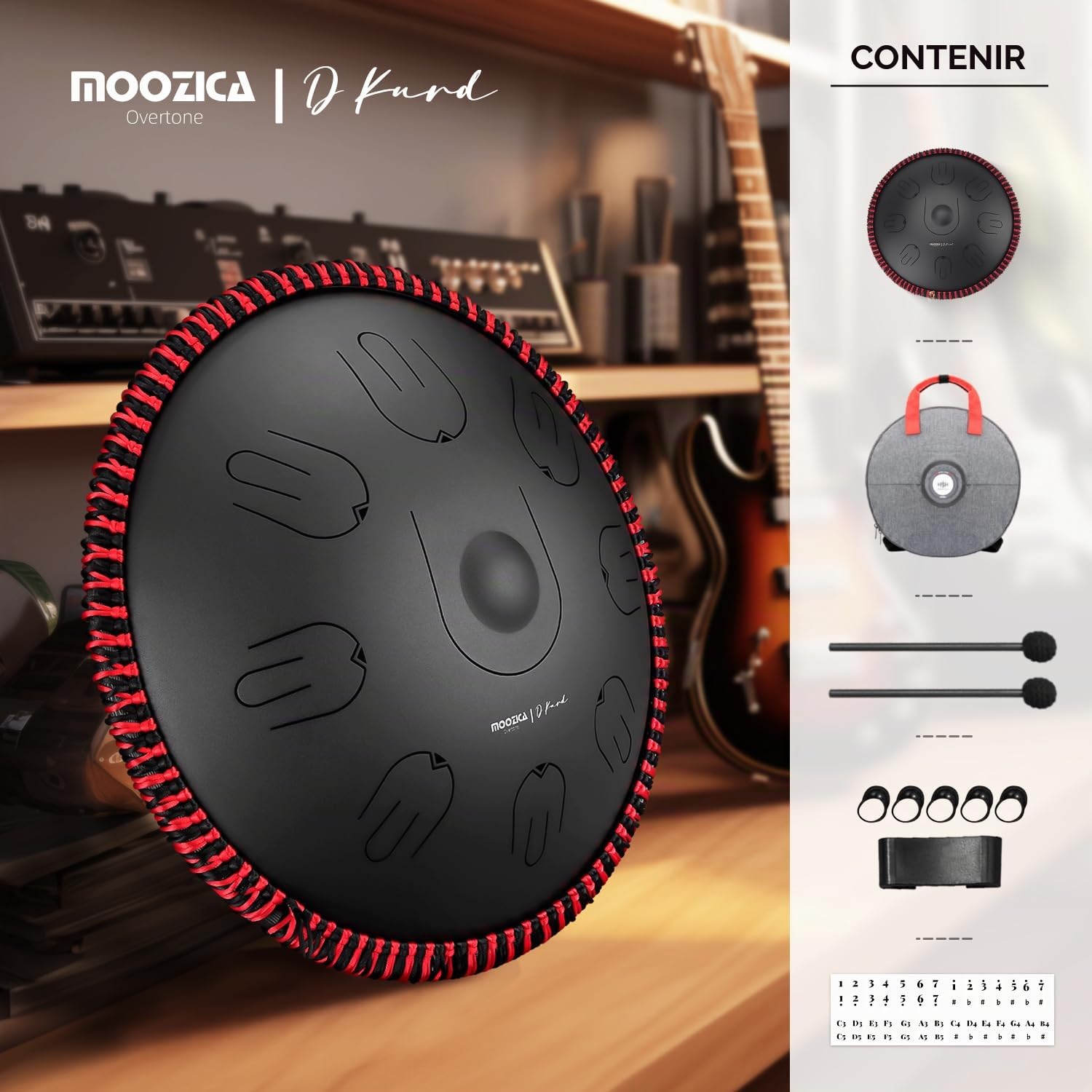 MOOZICA Tongue Drum Handpan, Tambour à Langue 14 pouces 17 notes en D Minor avec Octave Overtone Design, Instrument de percussion Handpan Drum avec sac de transport (D Kurd, Noir)