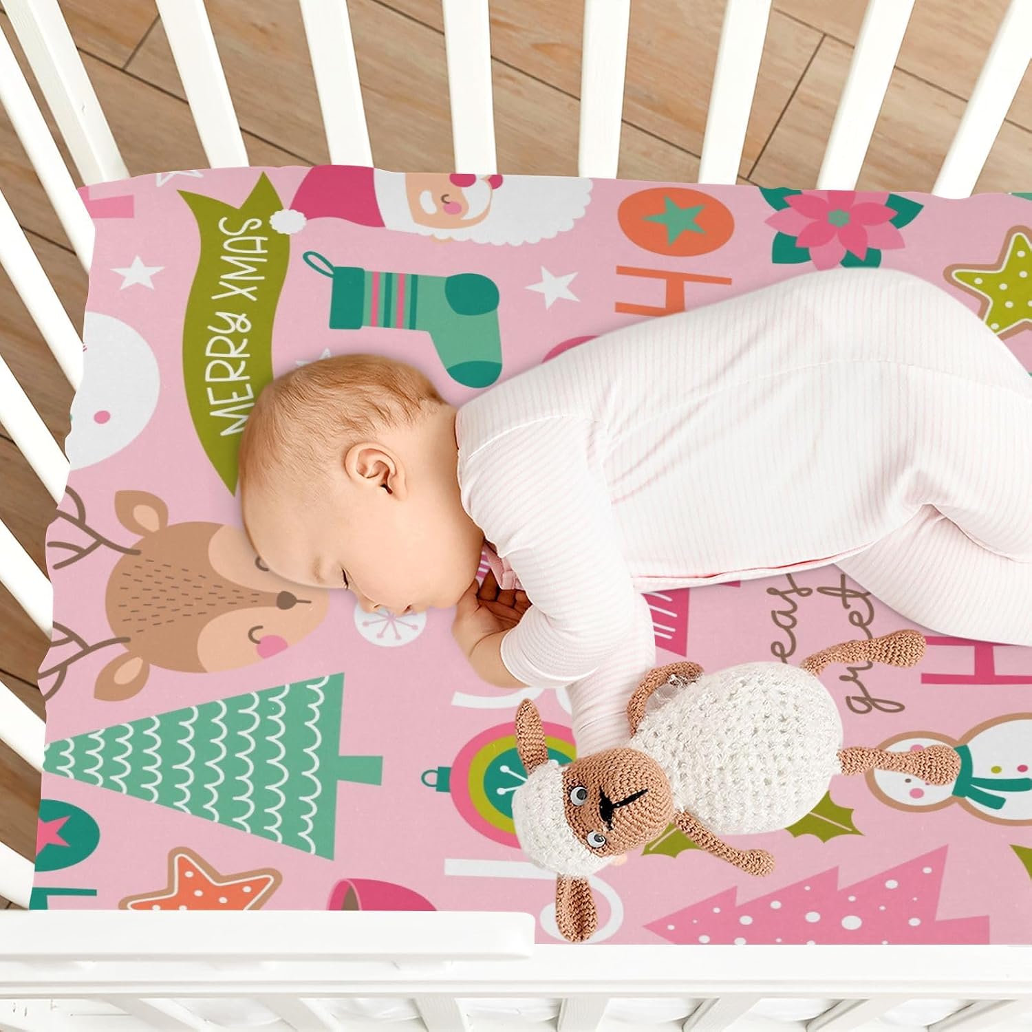 CEBUGI Stretchy Crib Sheet for Baby Boy Girl,Pink Father Christmas Portable Mini Fitted Pack N Play Playard Sheet for Neutral,Ultra Soft Material,Full Standard Toddler Mattresses,M