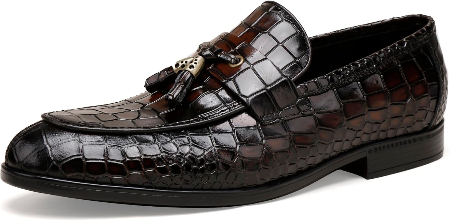 Formal Dress Shoes for Mens, Premium Crocodile Printed Mens Leather Slip on Dress Shoes, Party Wedding Shoes Bit Loafer