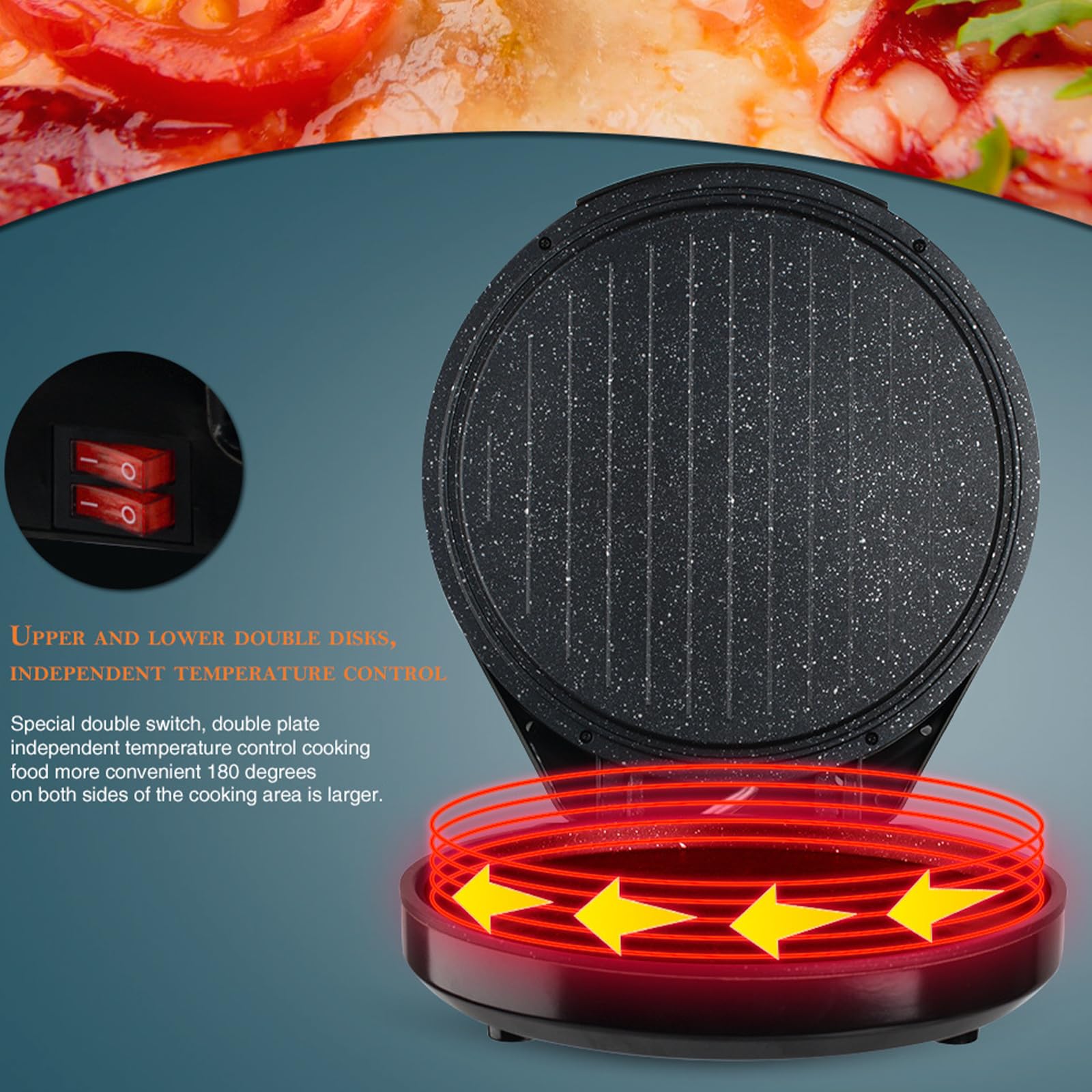Macchina per pizza da tavolo, forno portatile da 1800 W con controllo della temperatura indipendente, superficie antiaderente per riscaldamento rapido, per pizza, crepes, frittate, frittate