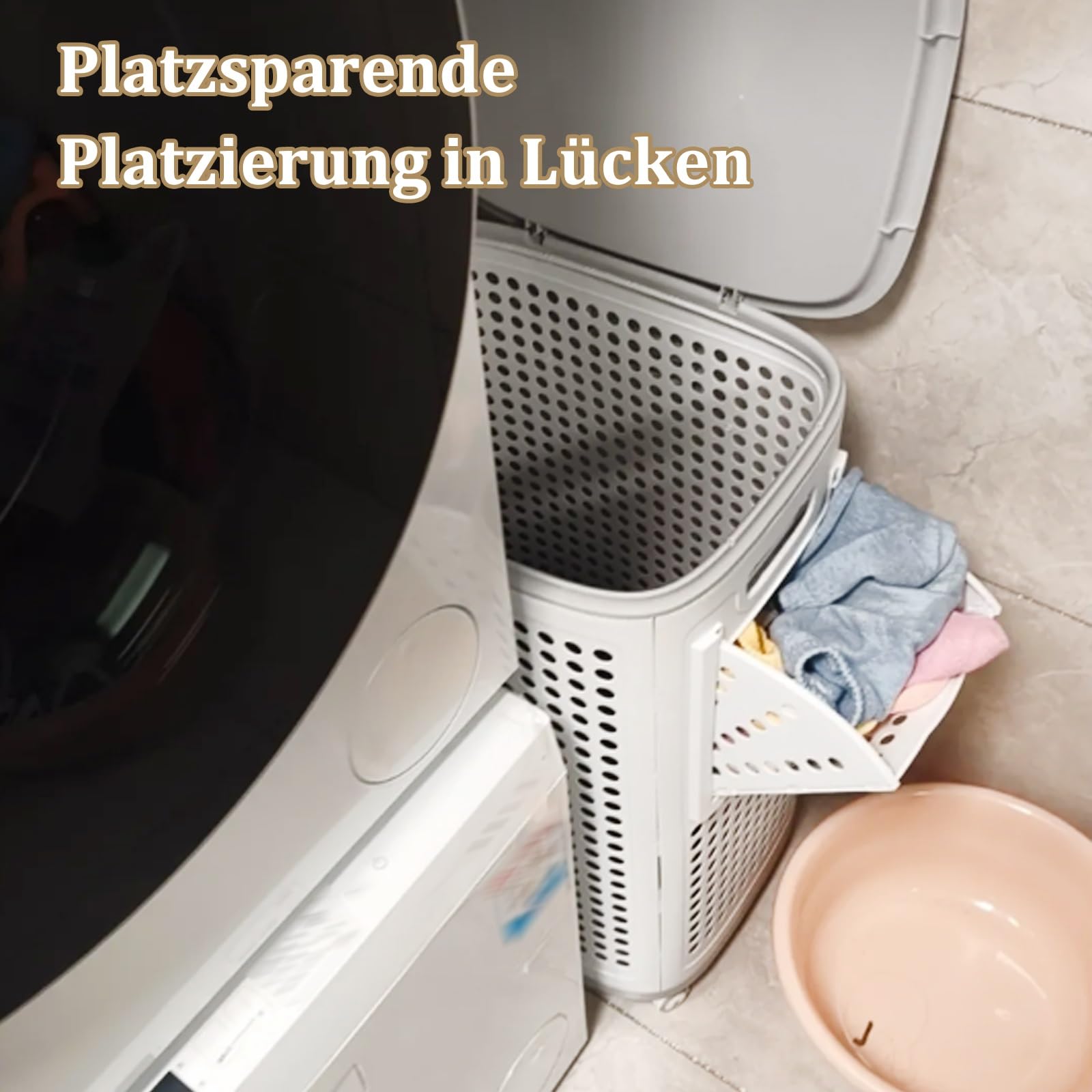 Fahrbarer Wäschekorb mit Deckel Plastik Wäschesammler Schmal Wäschebehälter auf Rollen Waschkorb mit Praktischen Tragegriffen für Schlafzimmer, Bad, Waschküche