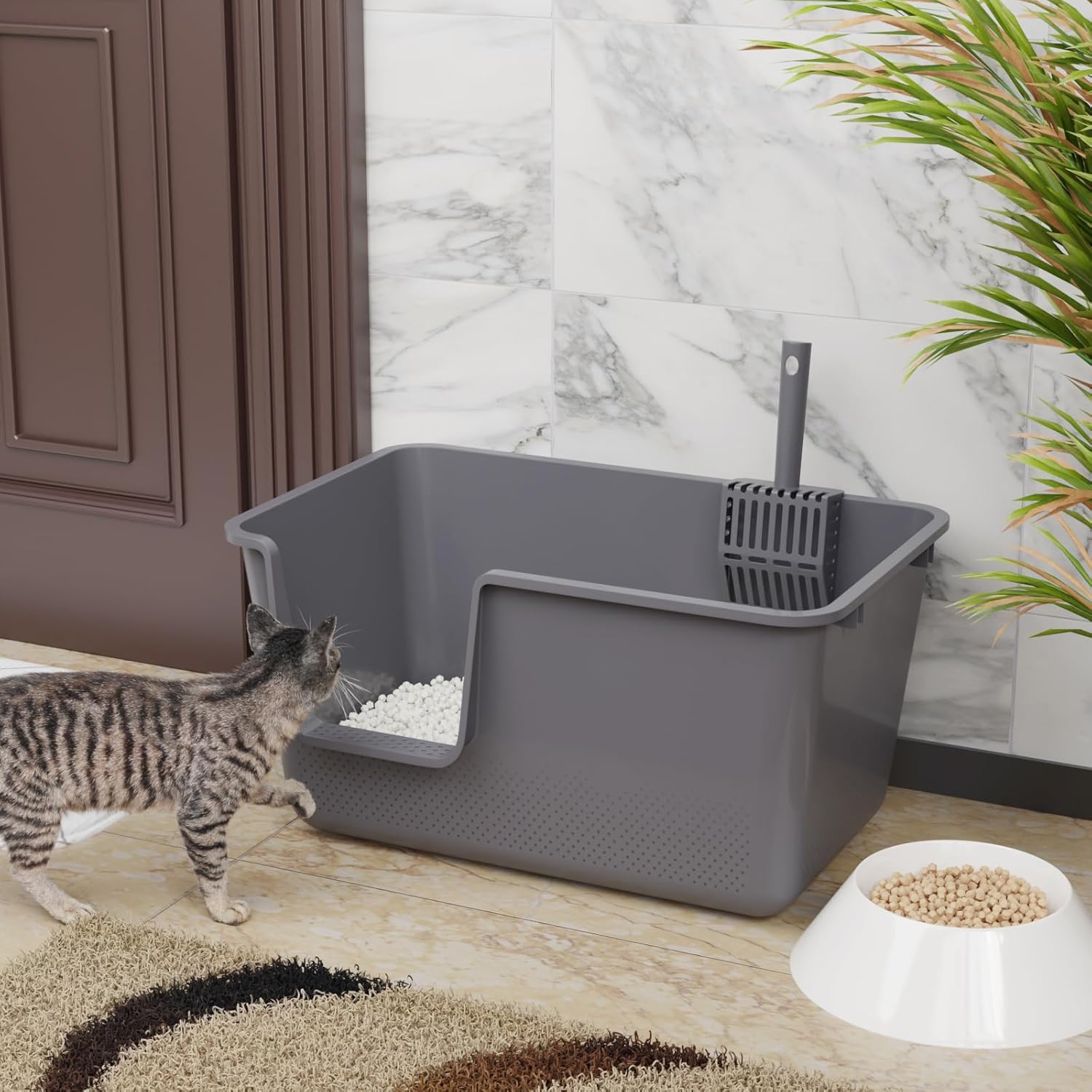 Zopnny 4 Sets Extra Large Litter Boxes for Big Cats Dogs with Scoops, Open Top Cat Litter Basin, 12.8 Inch High Sides Pet Litter Container, Grey