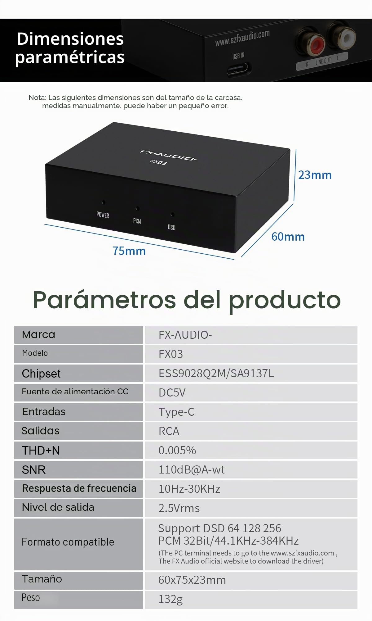 FX-Audio- FX03 384Khz DAC Decorder USB-C a RCA Digital a Analógico Audio Converter Soporta DSD 256 PCM 32Bit para Set-Top Box,Handy,Computer,Game Machine