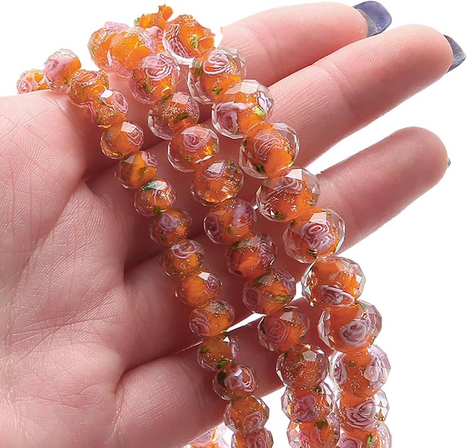 100pcs Gold Sand Lampwork Glass Beads 10mm Faceted Round Loose Spacer Beads 10 Colors Rondelle Handmade Beads with Flower for Rosary Making DIY Jewelry Making Hole: 2mm