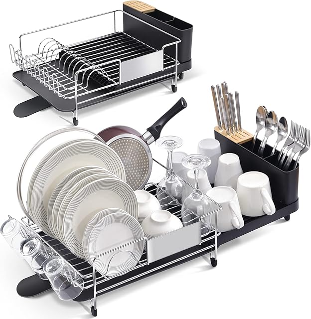 KINGRACK Dish Drainer, Stainless Steel Dish Drying Rack, Expandable Kitchen Dish Drainer Rack, Large Capacity Dish Rack with 360 Swivel Spout, Black