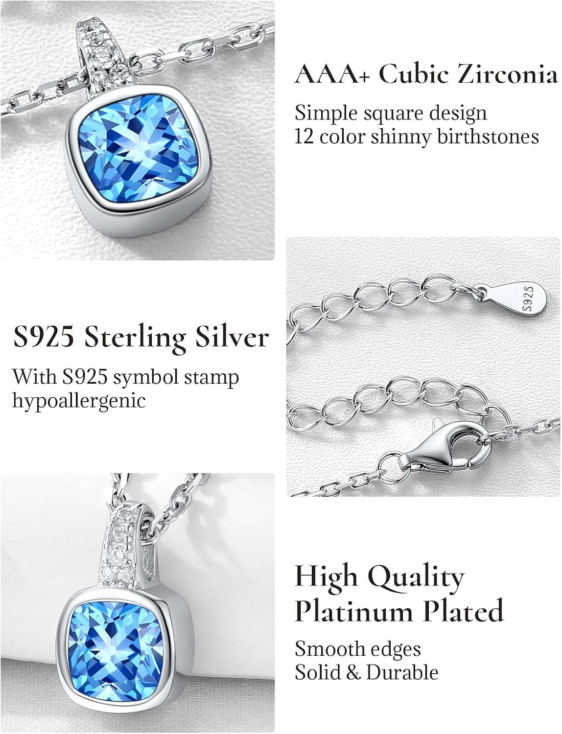 SILVERCUTE Birthstone Necklace, Sterling Silver Cushion Diamond Necklaces Square Cubic Zirconia Pendant Necklace for Women, Perfect Birthday/Anniversary/Wedding Gifts,18 Inch Chain