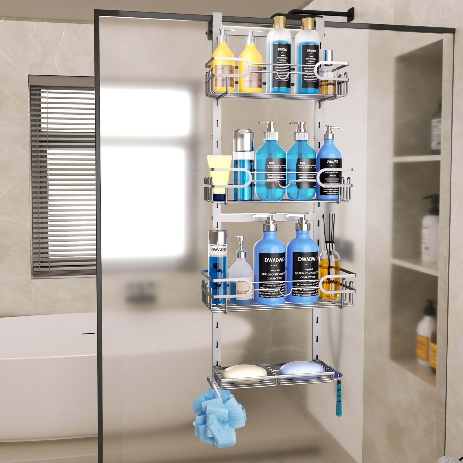 HapiRm Duschablage zum Hängen Hängeregal Dusche - Duschregal zum Hängen Einstellbar mit 4 Duschkorb, Duschablage Dusch Hängeregal mit Seifenschale und Haken, Duschregal über der Tür Badezimmer