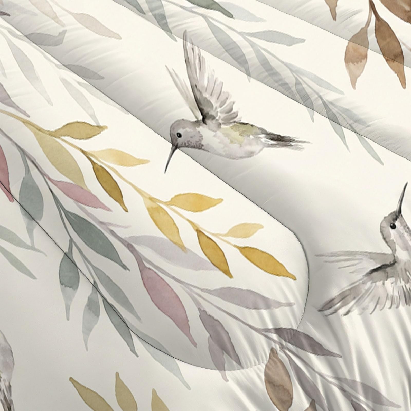 Copriletto Trapuntato Per Bambini Con Semplici Fiori E Uccelli Ad Acquerello | Trapunta Matrimoniale Invernale, Beige, Piumone Caldo Morbido Foglie Verdi Animali Per Decorazione Camera Da Letto