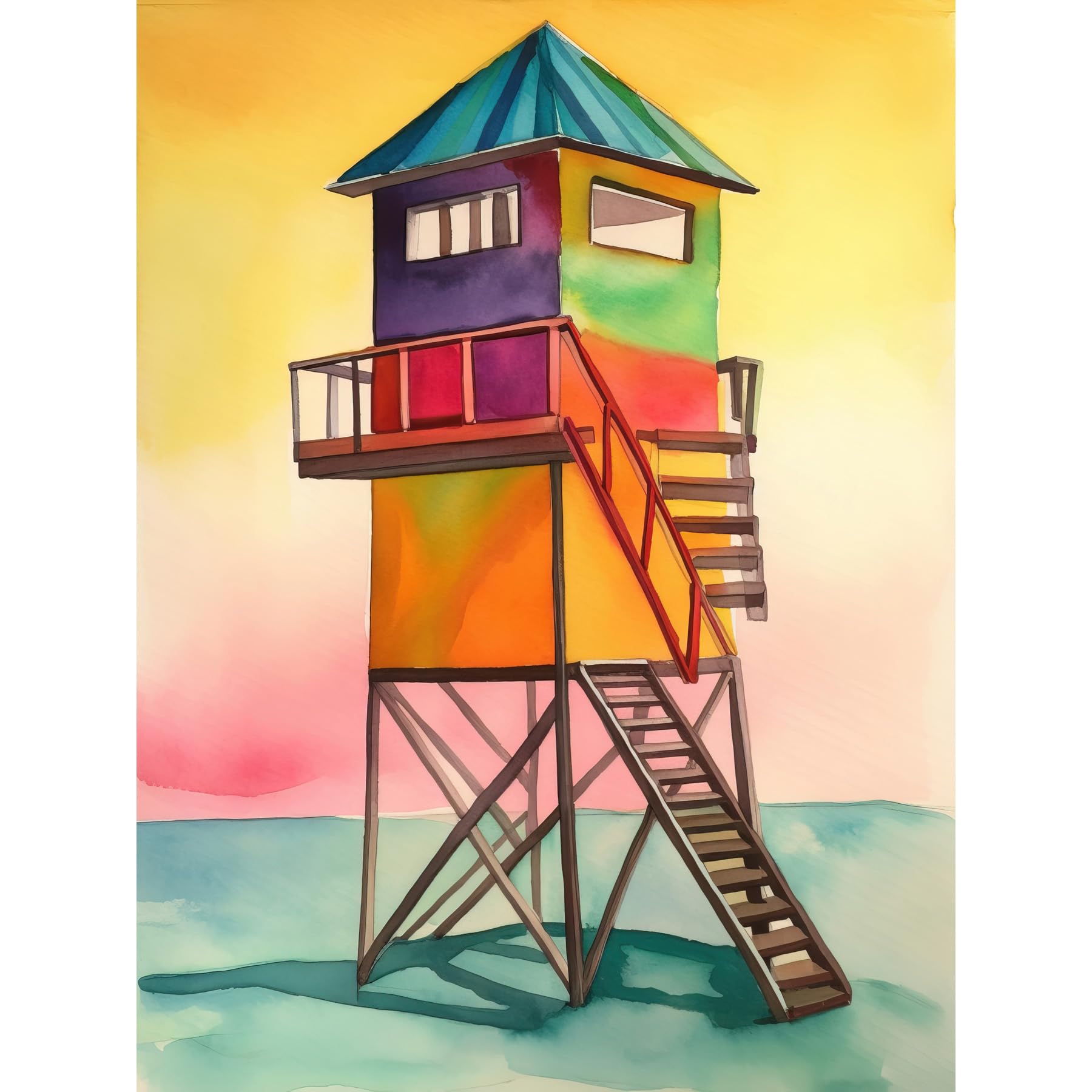 Artery8 Rainbow Lifeguard Tower Folk Art Watercolour Painting Extra Large XL Wall Art Poster Print