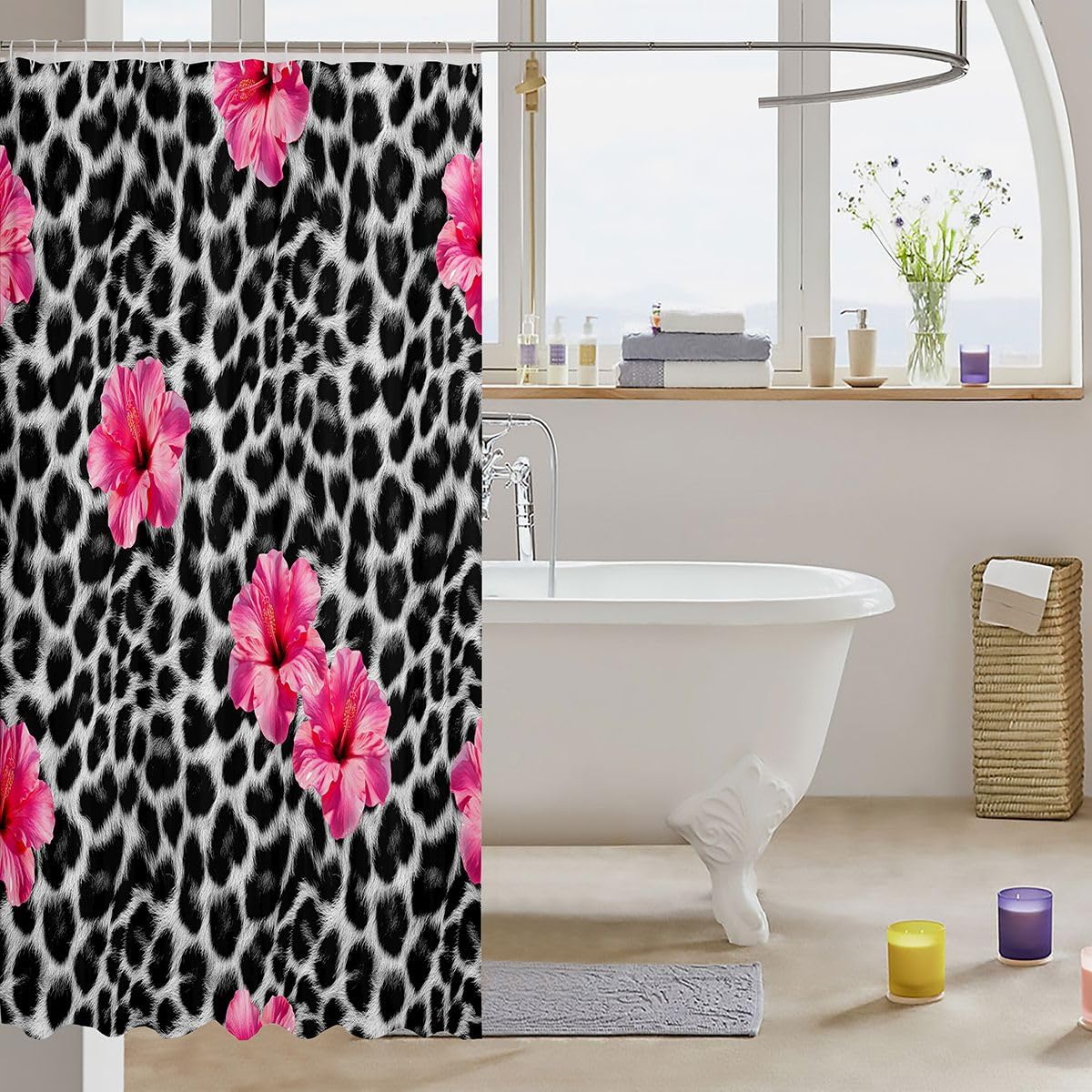 Feelyou Leopard Floral Shower Curtains Cheetah Bathroom Curtain for Kids Women Men Safari Bathroom Accessories Simple Modern Waterproof Polyester Fabric Flower for Stalls Bathtubs 72"x72" image 3