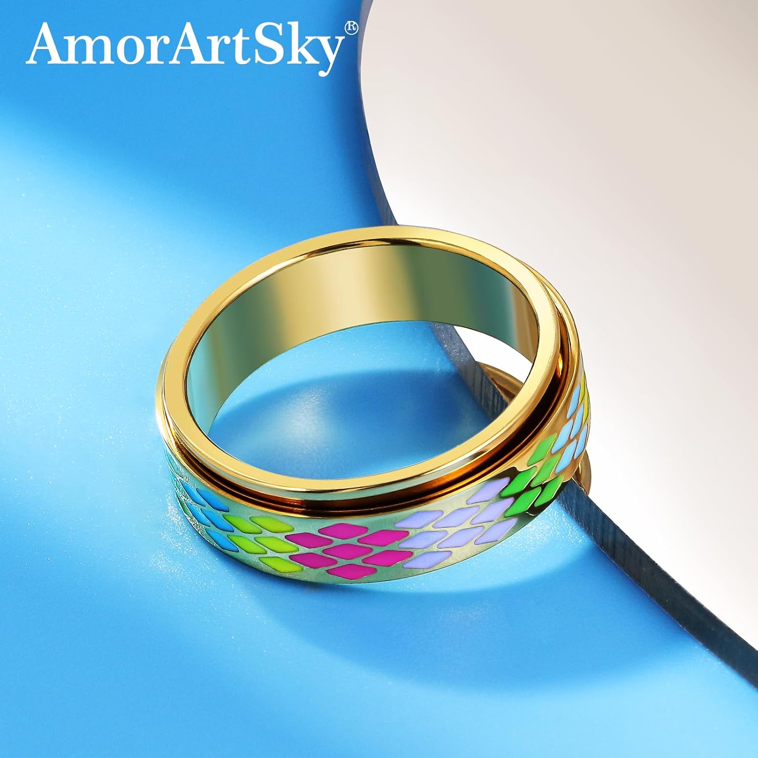 AmorArtSky Checkered Fidget Ring for Adults - 18K Gold Plated Stainless Steel Rotating Spinner Jewelry, Anxiety & Stress Relief Gift for Women/Men (Multicolor Diamond Pattern) - Image 6
